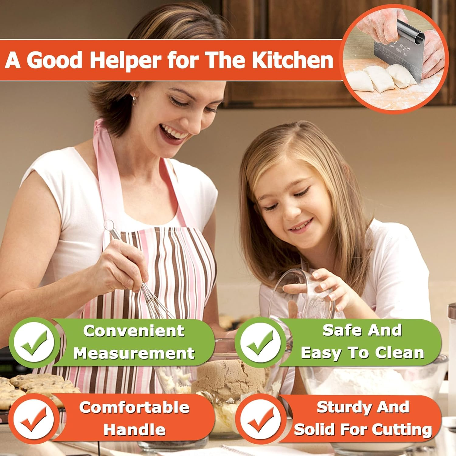 Pro Dough Pastry Scraper/Cutter / Chopper Stainless Steel Mirror Polished Good Grips with Measuring Scale Multipurpose- Cake, Pizza Cutter - Pastry Bread Separator Scale Knife image number 5