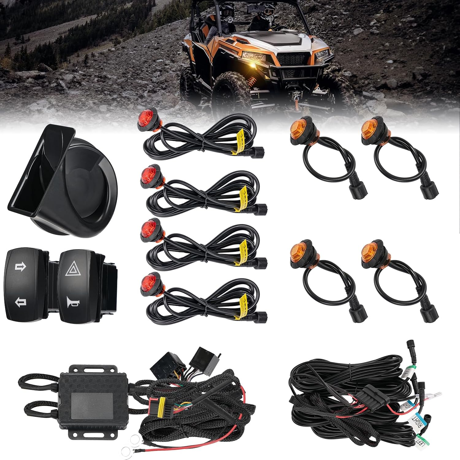 KEMIMOTO UTV Turn Signal Kit with 110D Horn, Pre-Wired, Plug and Play UTV Blinker with Rocker Switch, Hazard Light, Universal Street Legal Kit Compatible with Polaris, Can-Am, Kawasaki, CFMOTO image number 2