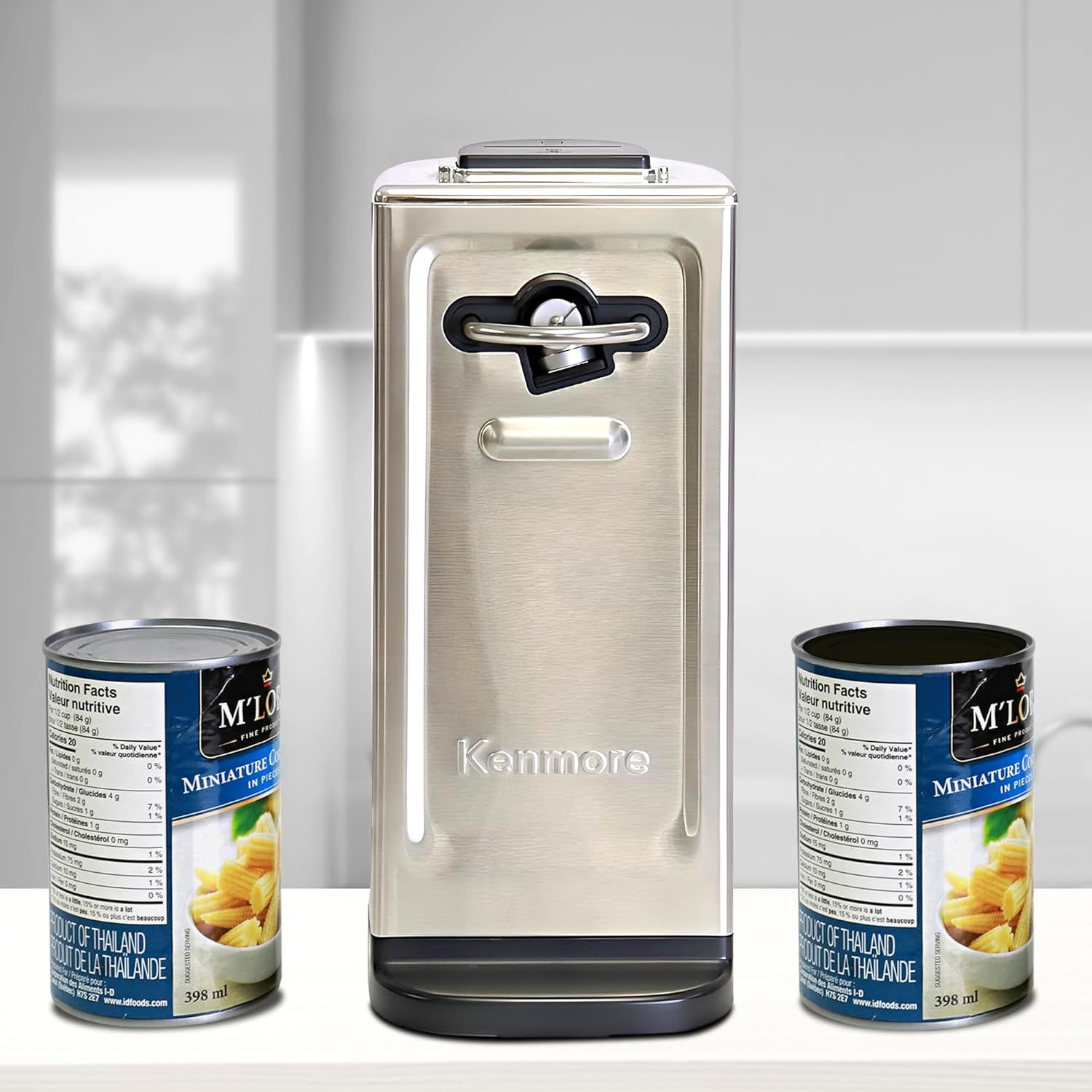 Kenmore Electric Can Opener - Extra-Tall, Smooth-Touch Side-Cut Blade, Safe Storage, Automatic Operation, Opens Regular & Pop-Top Cans, Black Steel Steel Camping Tool, Kitchen Gadget, Secure Grips image number 2