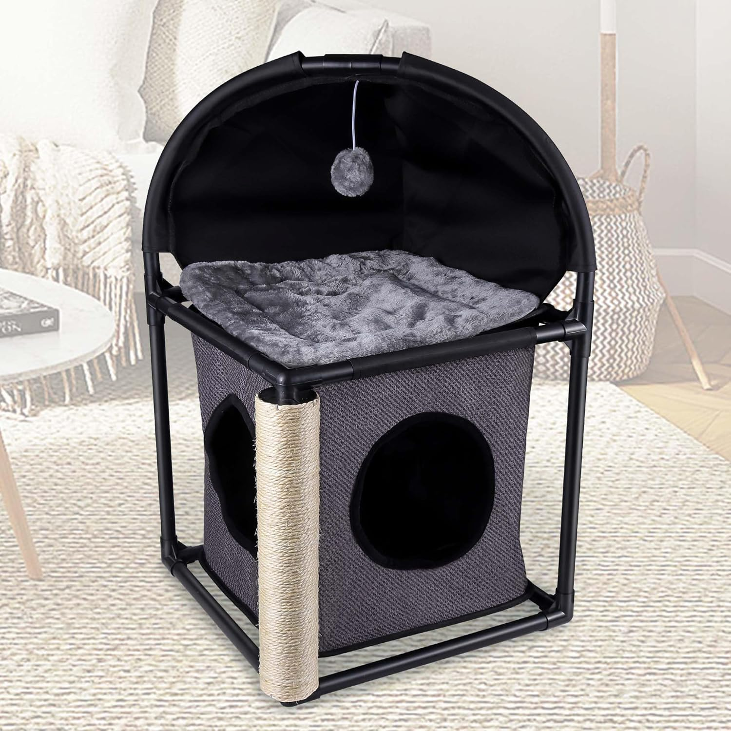Goetland PVC Modern Cat Condo Cat House Cat Tree Small Cat Tower Bed Scratching Post Dangling Ball Hole for Kitty Indoors Cat Gray image number 6