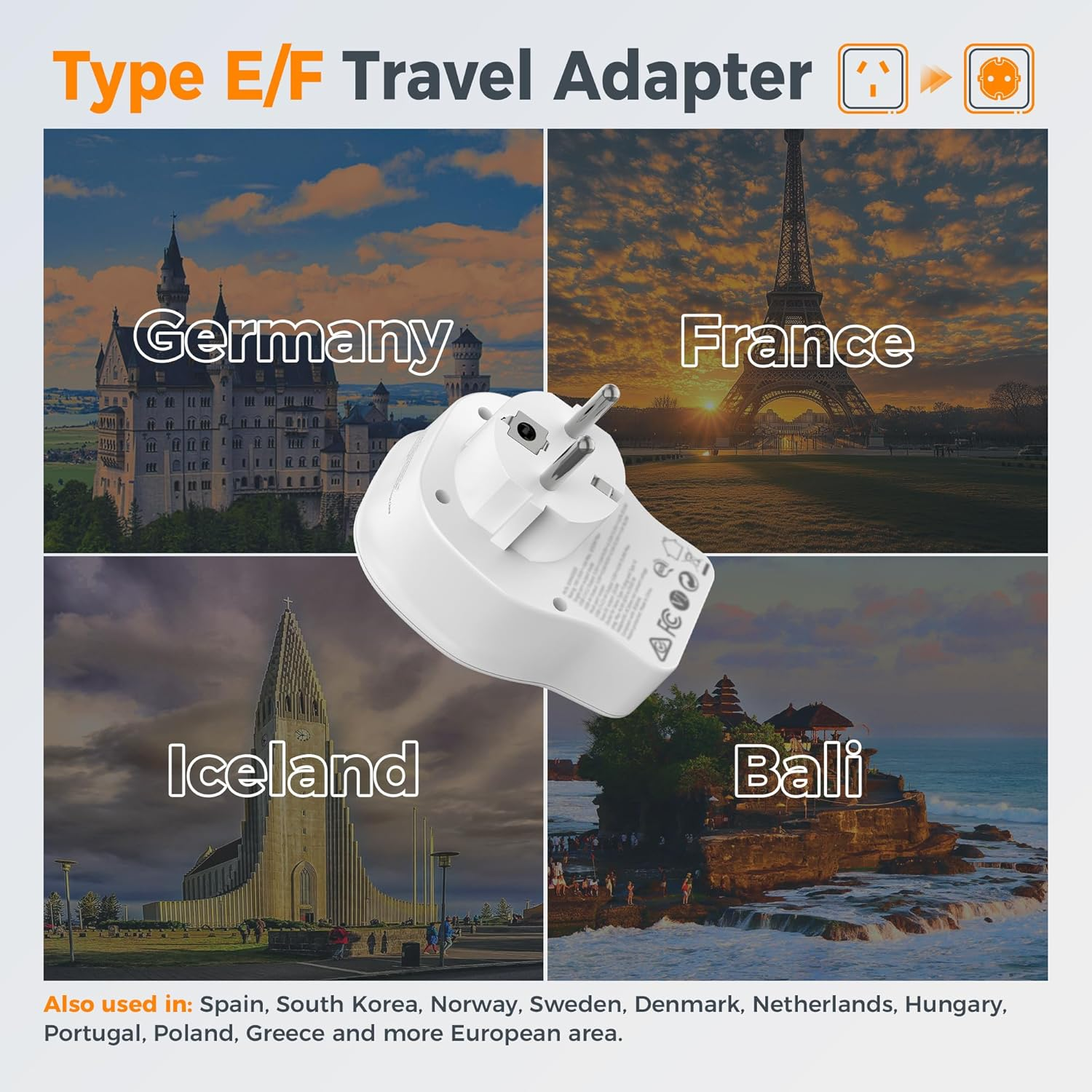 TESSAN Europe Travel Adaptor, AU to EU Travel Adapter with 3 USB Ports (2 USB-C 20W), AUS to European Plug Adaptor for Euro Portugal Bali Germany Spain France Greece Iceland, Type E/F image number 4