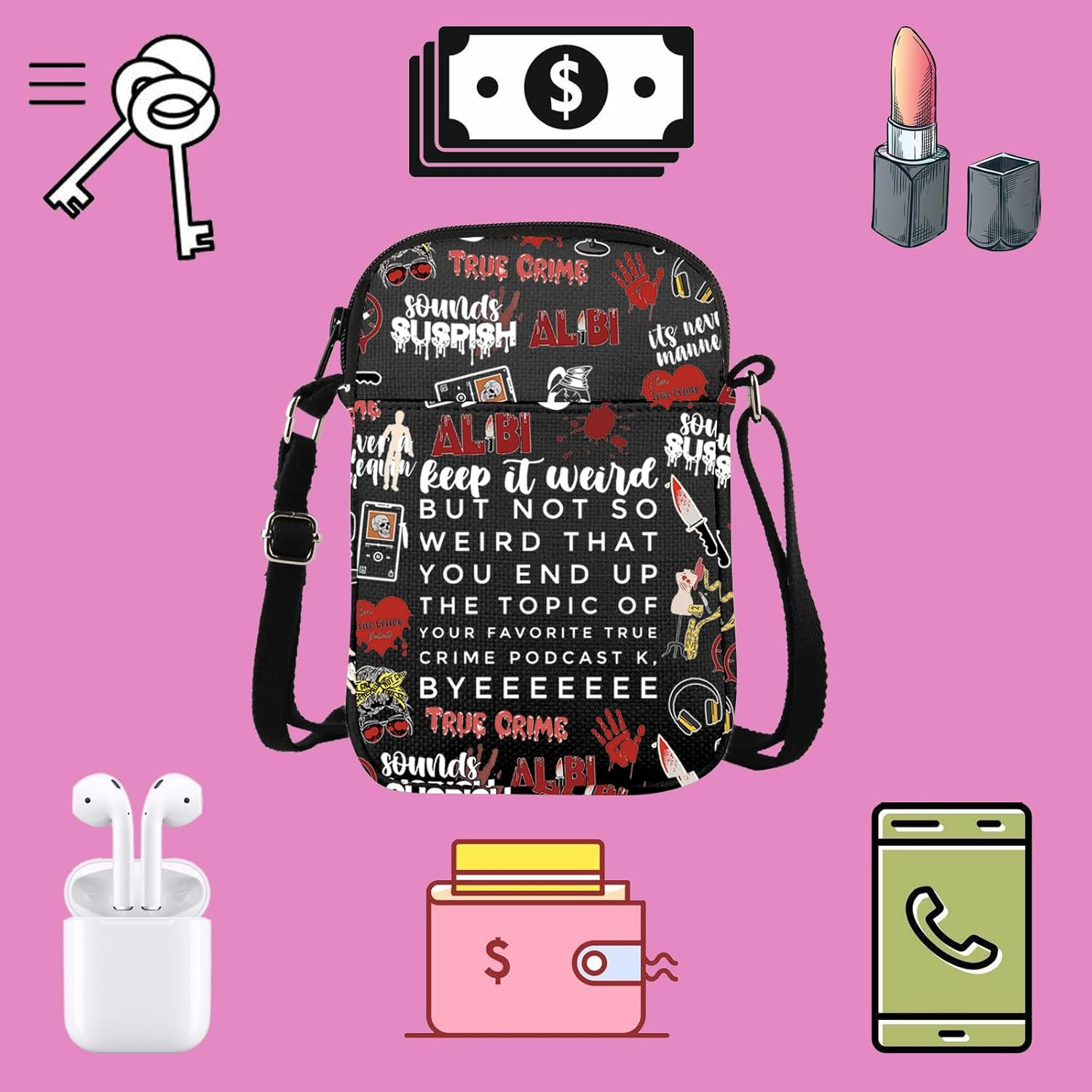 TSOTMO Morbid Crime Inspired Gift True Crime Club Makeup Bag True Crime Fan Zipper Crossbody Bag image number 5