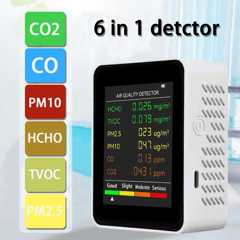 Air Quality Monitor Indoor, 6 in 1 Air Quality Tester, Air Quality Meters for CO2 HCHO AQI PM2.5 Temperature Humidity, Air Quality Detector for Greenhouse Production Warehouse Wine Cellars Home image number 5