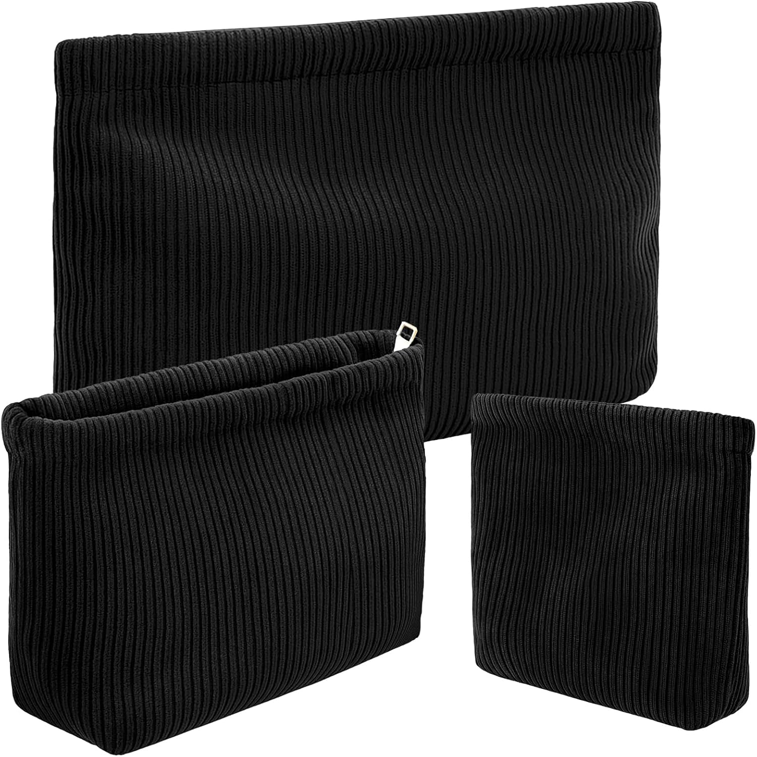 Sanwuta 3 Pack Corduroy Makeup Bag Set Cosmetic Toiletry Travel Pouch Organizer Velvet Makeup Bag for Women Large Pouch Zipper Purse Make up Organizer, Women Girls Gift, Black, Corduroy