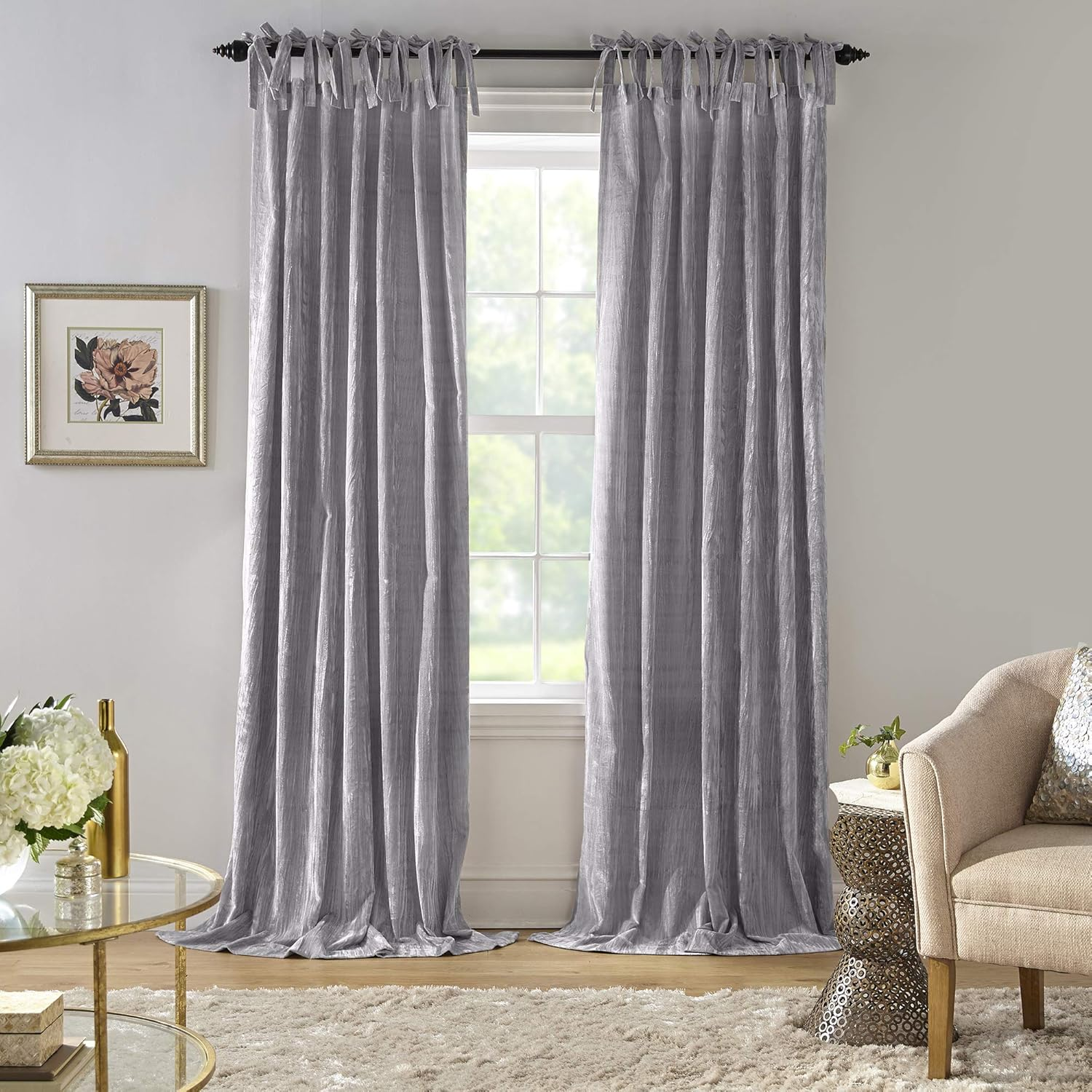 Elrene Home Fashions Korena Tie-Top Crushed Velvet Window Curtain Panel, Rustic-Chic Curtain Panel for Living Room or Bedroom, 52 Inches by 95 Inches, Peacock, 1 Panel