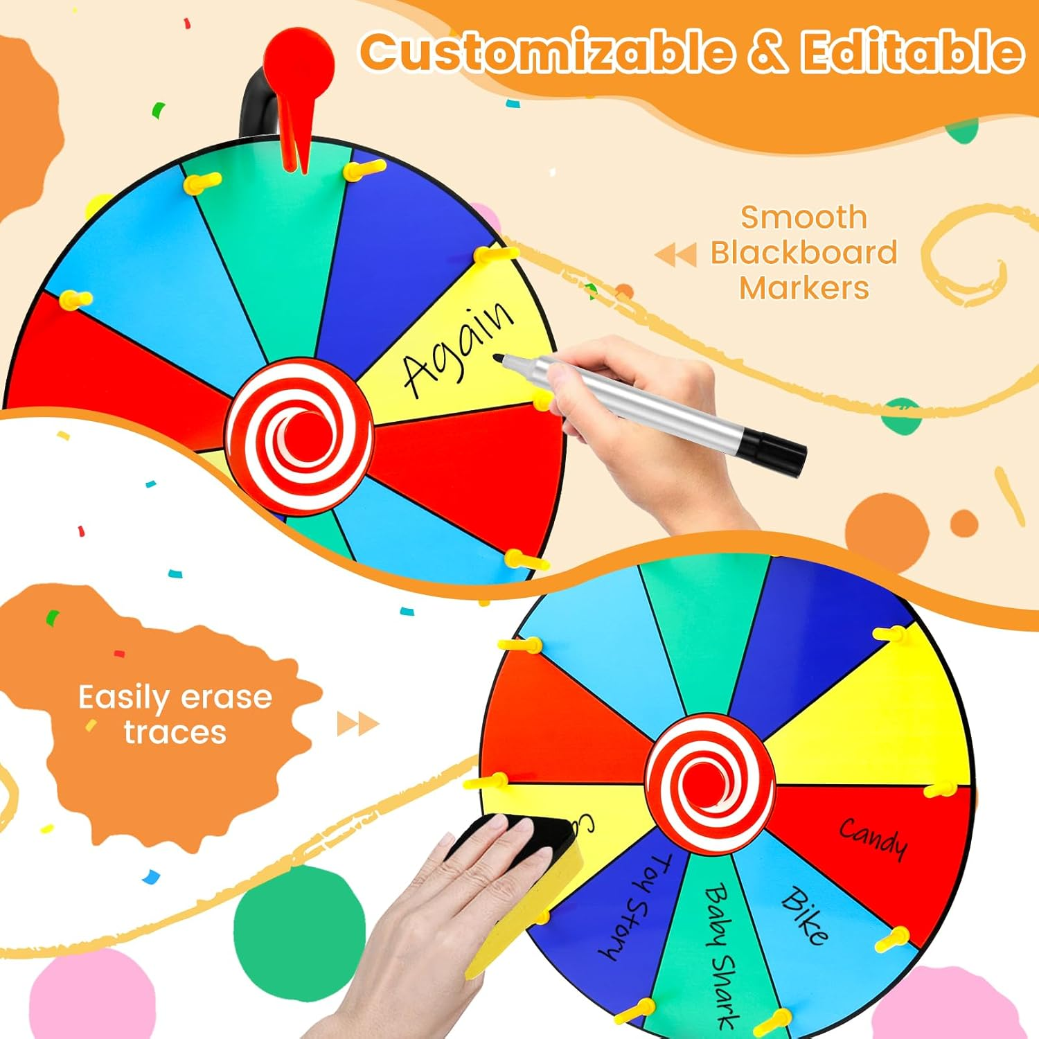 11.8Inch Spinning Prize Wheel Tabletop 15/10 Slots Color Roulette Spinner DIY Interactive Spin Wheel with Eraser and Pen Erasable Tabletop Roulette Spinner for Home Trade Show Party (10 Slots) - 10 Slots image number 2