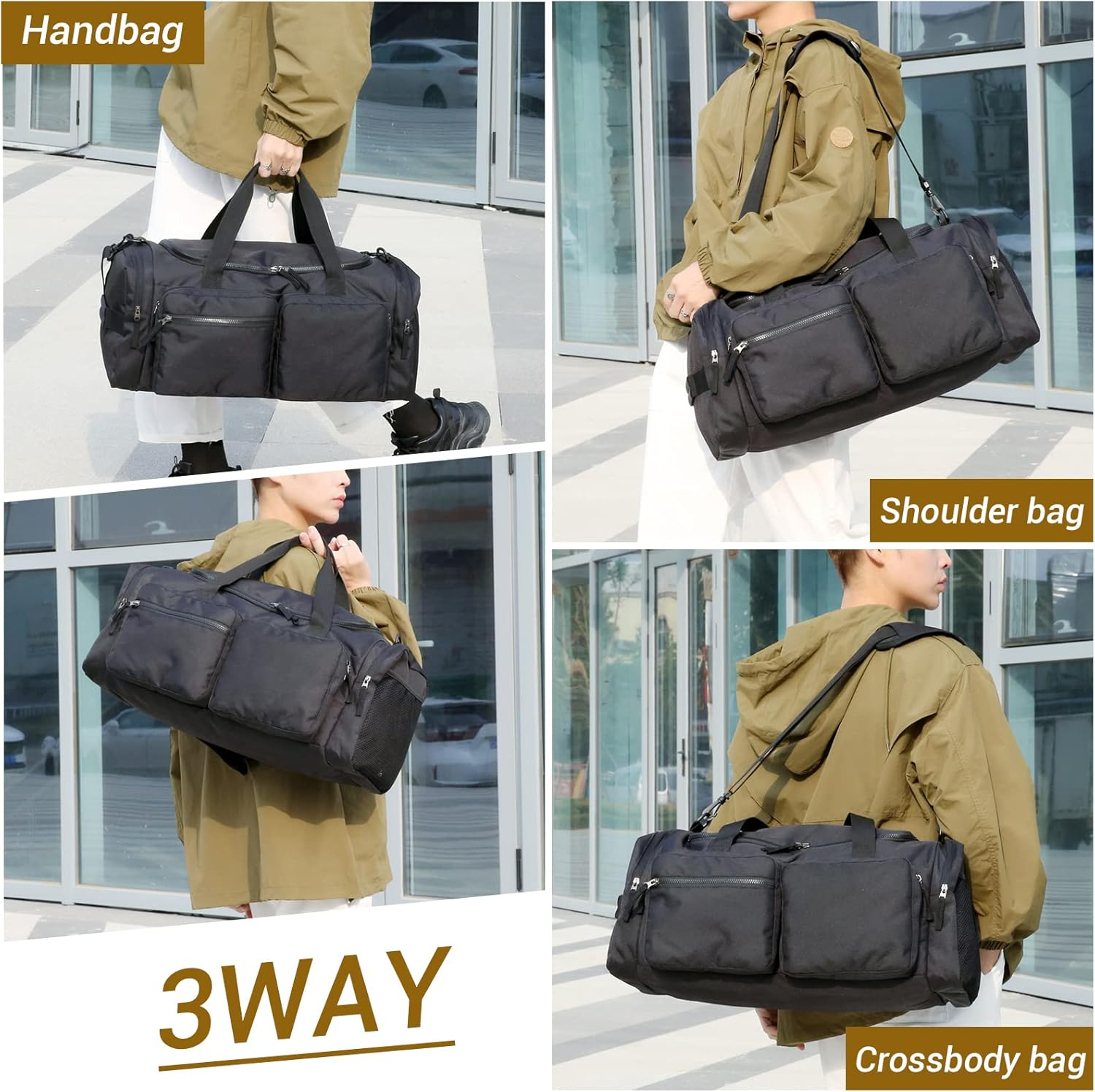 Duffle Bag for Men Women 40L Waterproof Sports Duffels Bags Travel Gym Bag with Shoe Compartment,Wet Pocket Large Weekender Overnight Bag Hospital Holdalls,Black - Grey image number 7