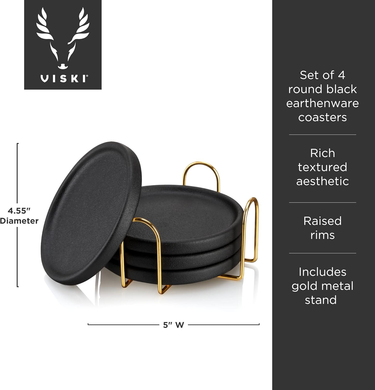 Viski Earthenware Coasters Set of 4 - Ceramic Drink Coasters - Outdoor Coasters for Drinks - Unique Coasters with Gold Stand Black image number 4