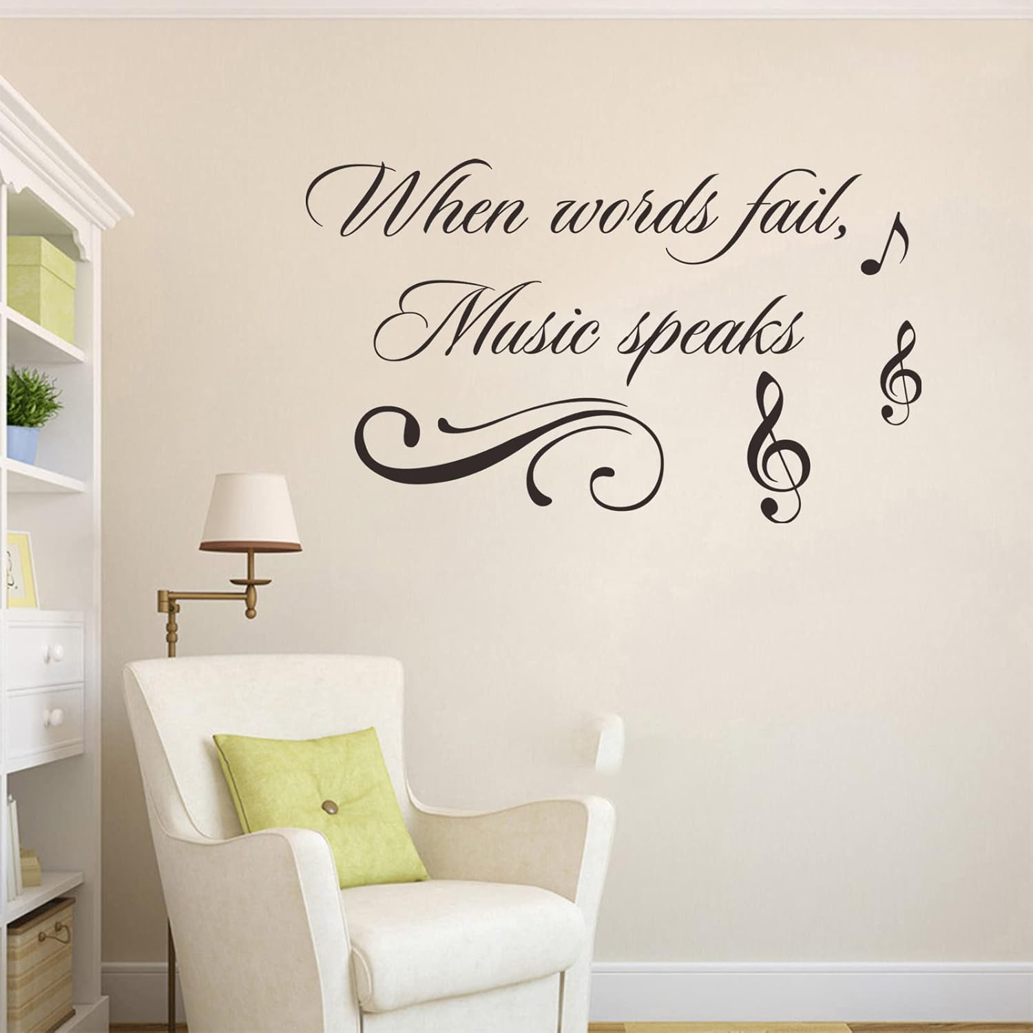 Music Wall Decals Decor Inspirational Quotes When Words Fail, Music Speaks Vinyl Wall Art Stickers Mural for Music Room Living Room Bedroom Decoration image number 4