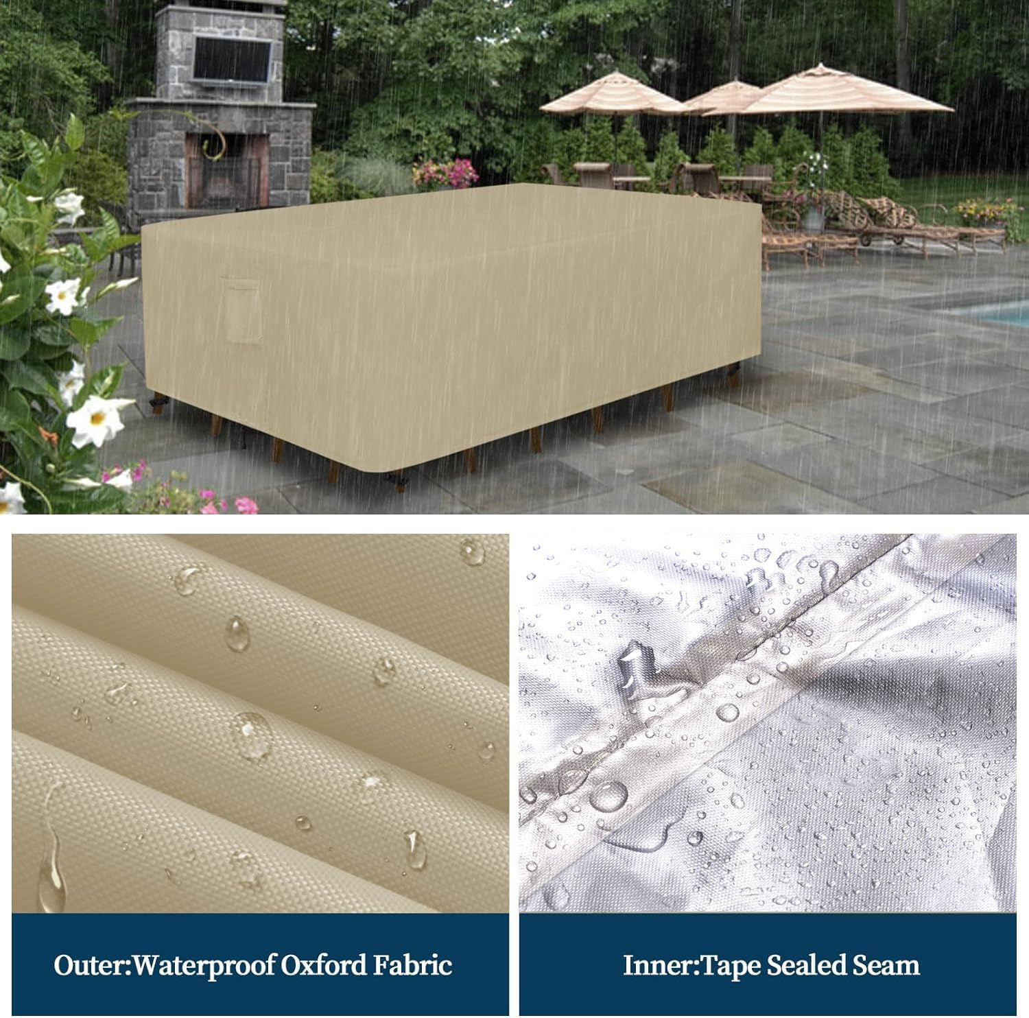 600D Patio Furniture Covers, 100% Waterproof Patio Table Cover, Heavy Duty Oxford Cloth Outdoor Table Cover, with Handles, Vents and Buckles, Uv-Resistant (242*162*100Cm) image number 5