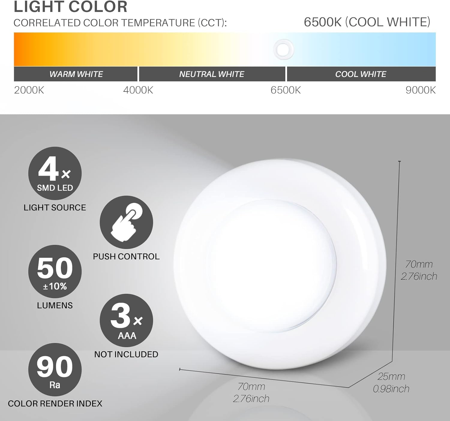 STAR-SPANGLED Push Tap Light, Mini Night Touch LED Puck Lamp, Portable under Cabinet Lighting AAA Battery Operated Powered, DIY Stick on Lights for Closet, Counter, Kitchen (7Cm, Cool White, 5 Pack) image number 5