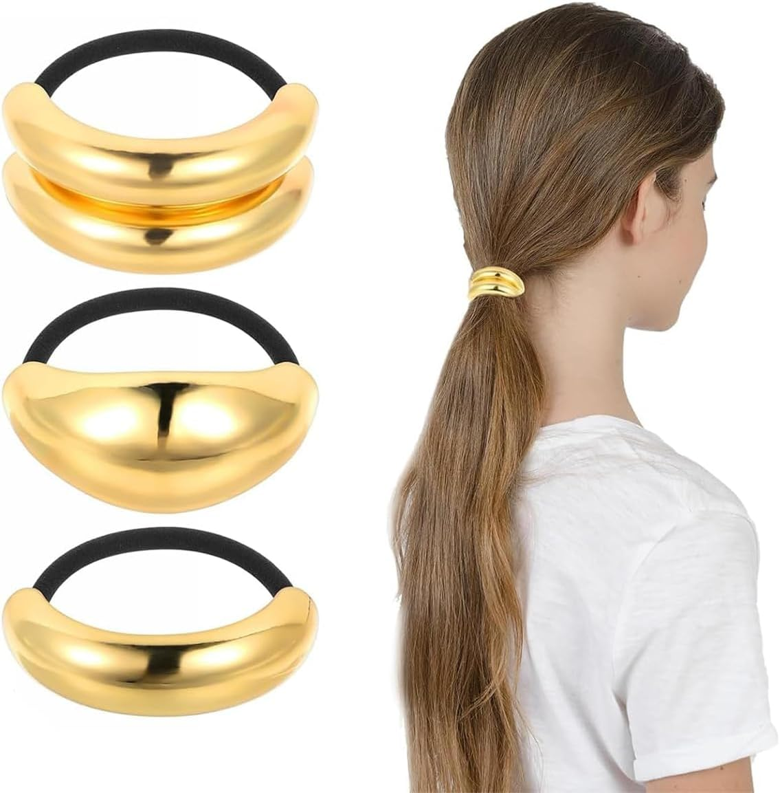 3 Pcs Gold Hair Cuffs,Ponytail Cuff, Good Elastic Hair Band, Metal Geometric Elastic Hair Ties,Suitable for Ladies and Girls image number 4