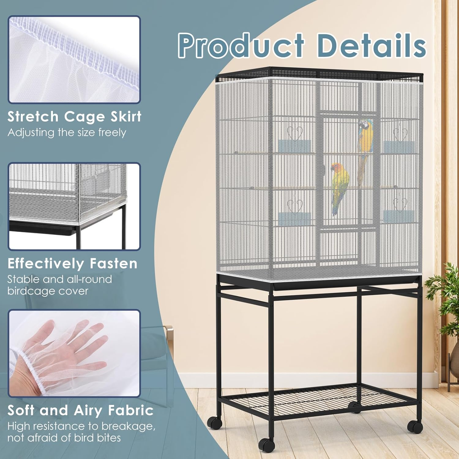 Bissap Bird Cage Seed Catcher, 90-118&lsquo;&rsquo; Universal Birdcage Net Nylon 31.8'' H Adjustable Elastic Band Stretchy Skirts Mesh Cover for Parrot Cage Seed Guard (Not Include Birdcage)- White