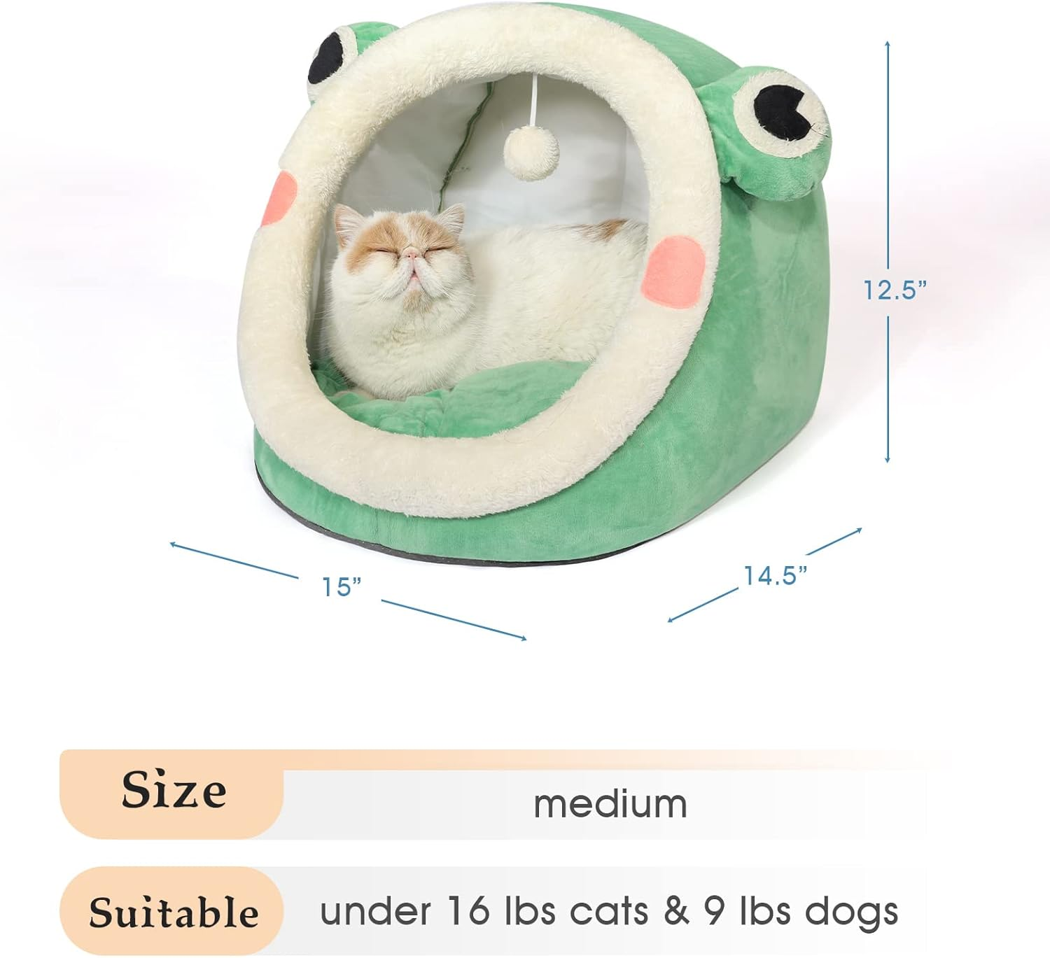 Jiupety Cute Cat Bed, Indoor Lovely Velvet Igloo for Cat and Small Dog, Warm Cave Sleeping Nest Bed for Puppy and Kitten, Green Frog, M image number 4