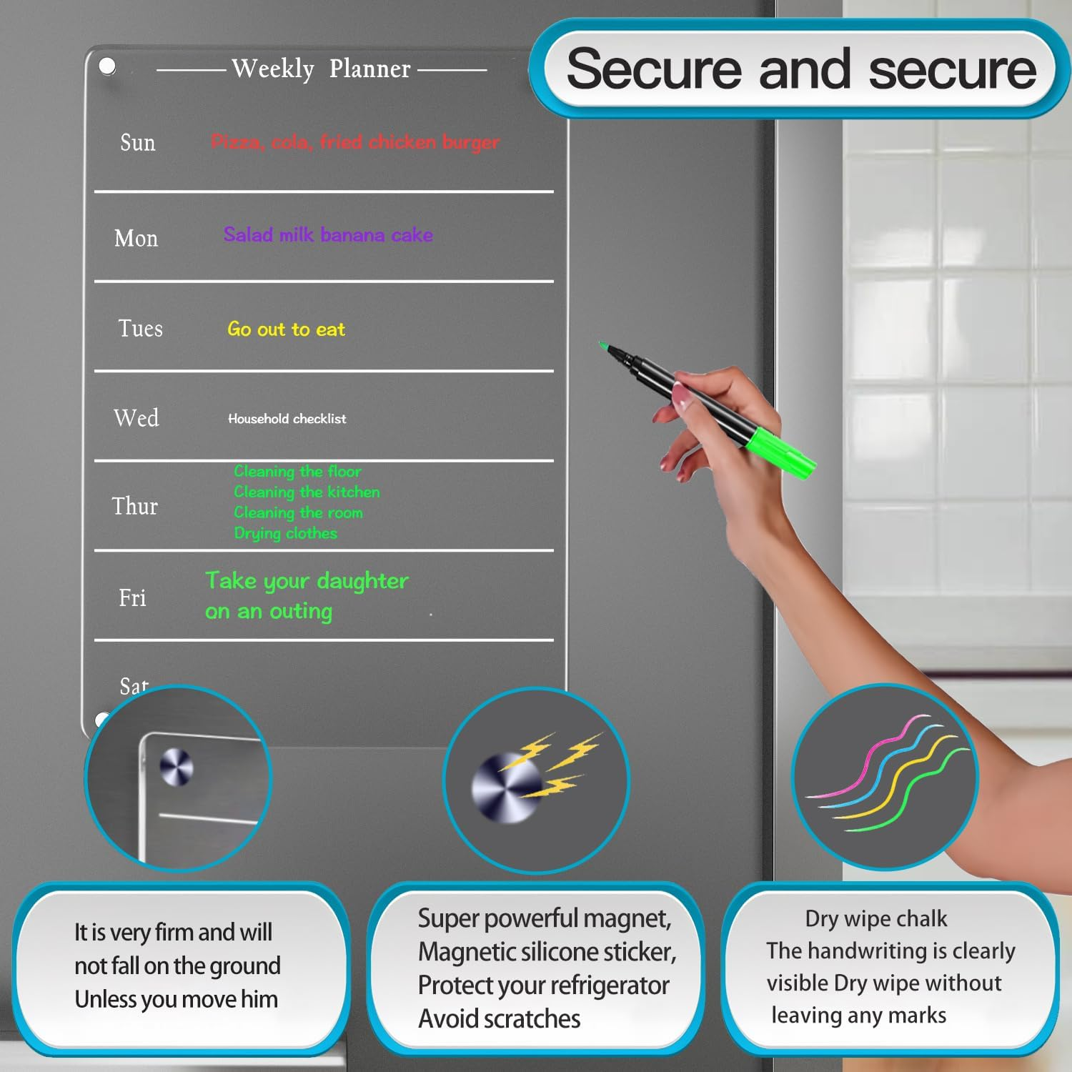 Todkoding 9"X13" Clear Weekly Meal Planner Magnetic Acrylic Board,Acrylic Magnetic Dry Erase Board for Fridge, Magnet Week Calendar for Refrigerator Includes 6 Colors Markers and Pen Container image number 6