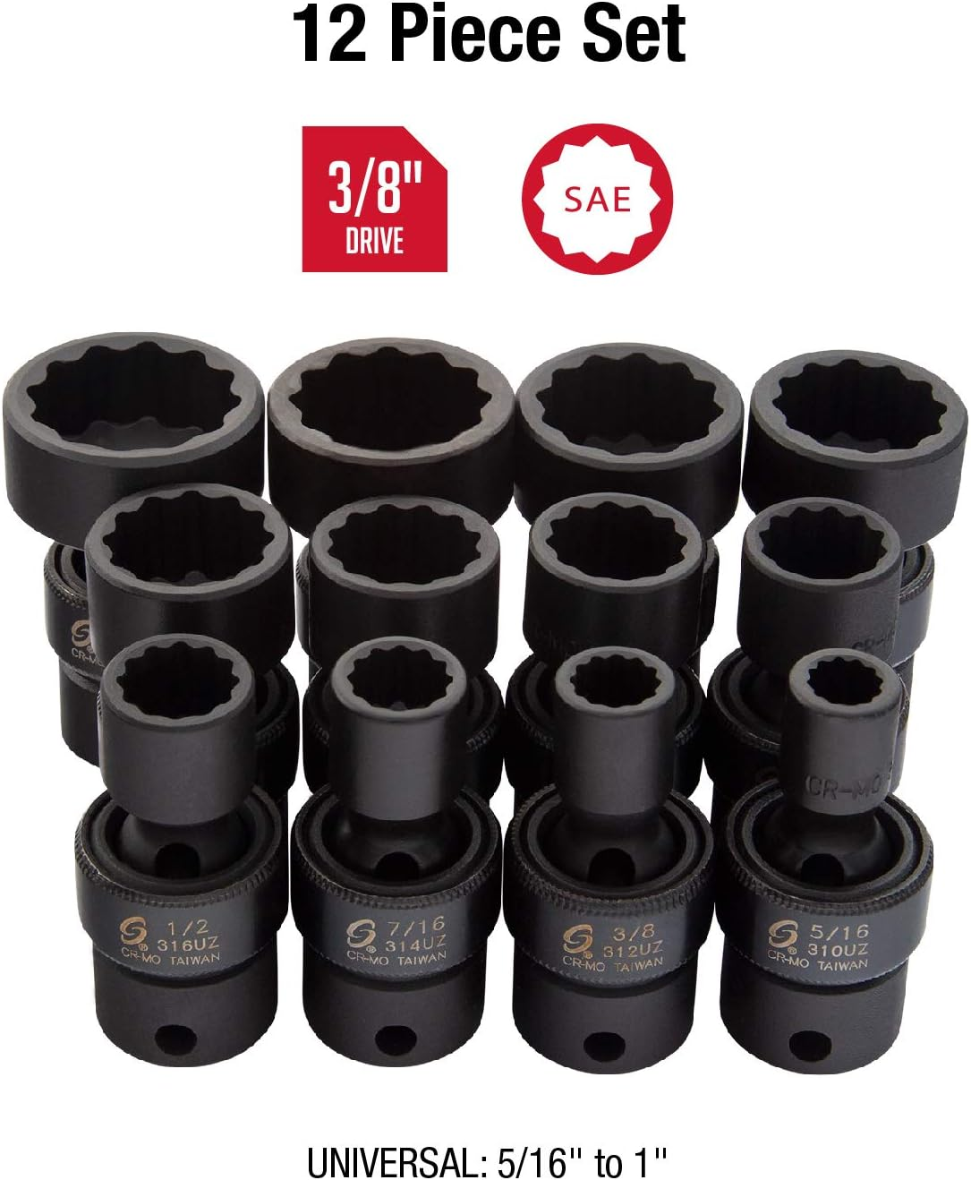 Sunex 3690 12-Piece 1Cm Drive 12-Point SAE Universal Impact Socket Set image number 2