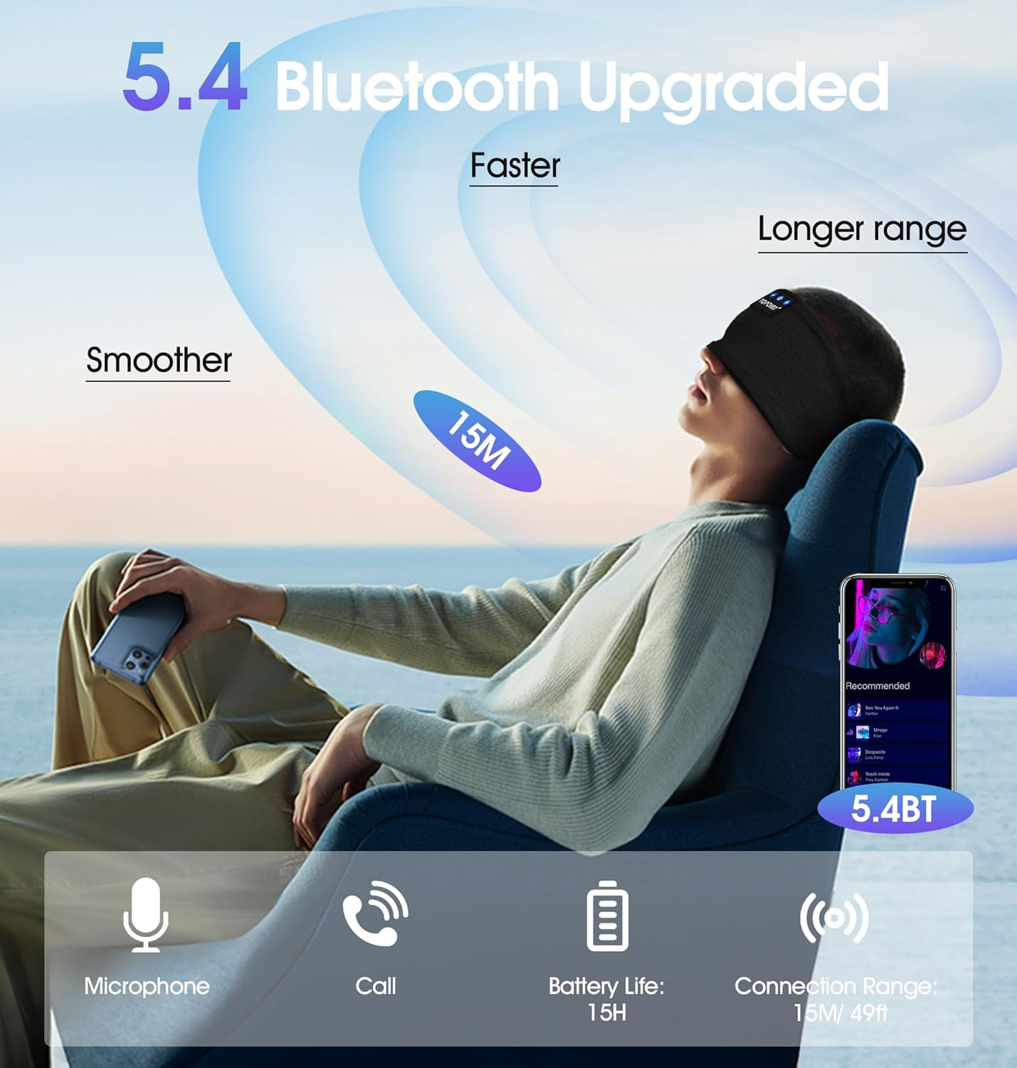 TOPOINT Sleep Headphones Headband Bluetooth 5.4 Sports Headband Earphones Sleeping Bluetooth Wireless with USB C for Women Men Sports Gifts Workout Jogging Yoga Insomnia Air Travel Meditation - Grape Purple image number 2