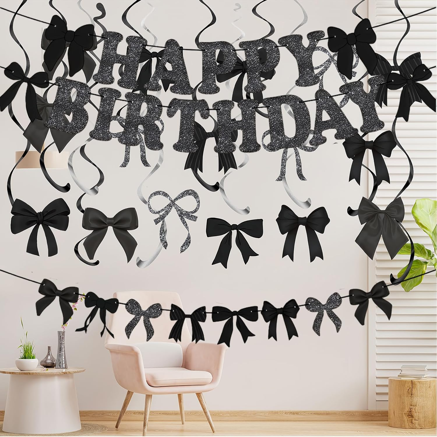 19Pcs Black Bowknot Happy Birthday Decorations,Black Bow Bunting Garland Party Birthday Banner Coquette Hanging Swirls Decorations for Girls Baby Shower Wedding Bowknot Party Supplies - Black Bow image number 6