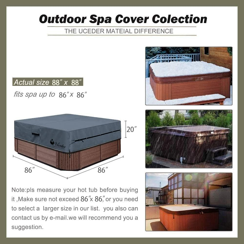 UCEDER Waterproof Hot Tub Cover -Outdoor Spa Cover Cap(Actual Size 88''X88 X20'' Fit 86''X86 X 20'') 600D Heavy Duty Polyester Hot Tub Cover Protector(Dark Gray)