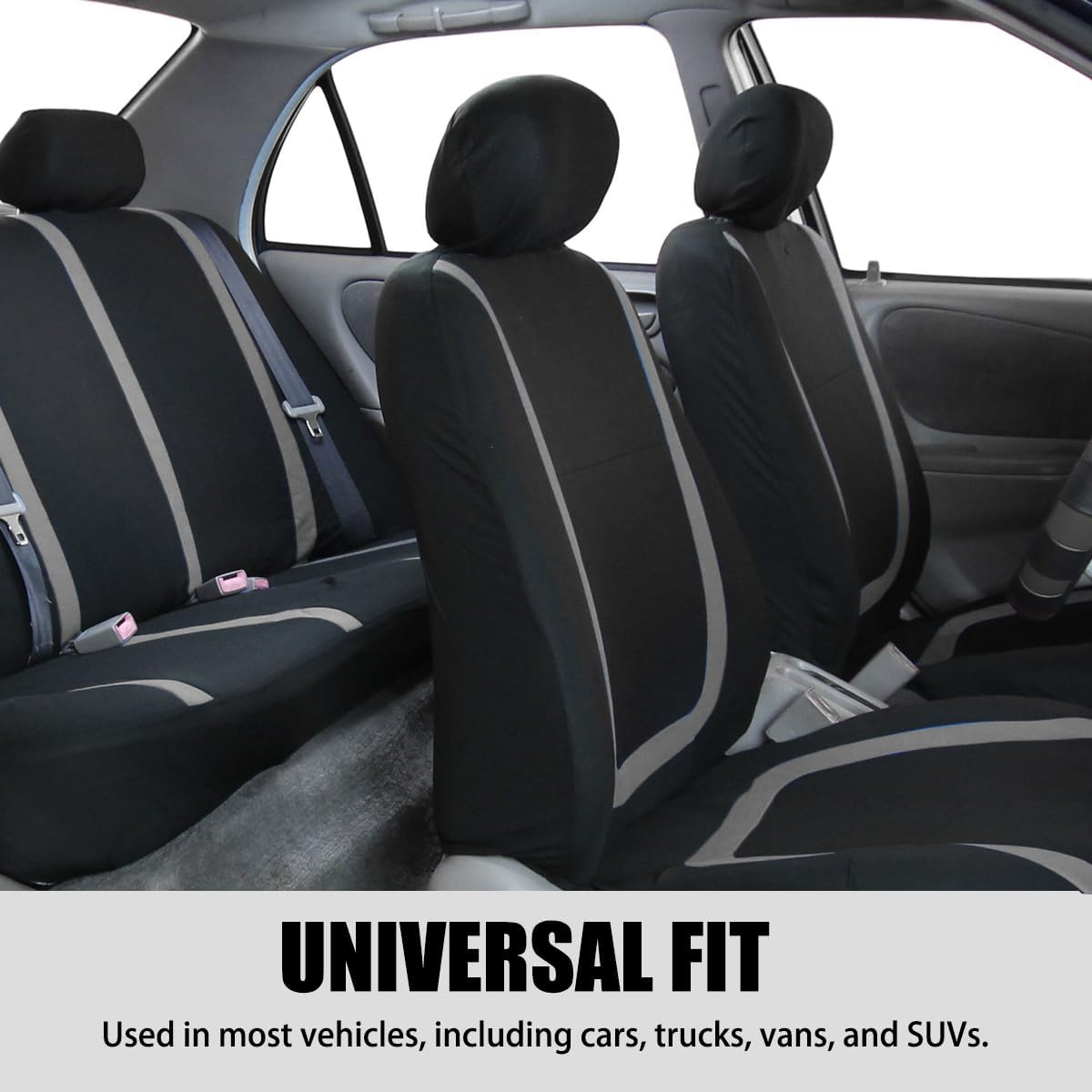 BELOMI Car Seat Covers Full Set, Breathable Premium Cloth Automotive Seat Cover, Universal Front and Rear Seat Covers, Easy to Install Car Accessories for Most Cars Trucks SUV (Gray) - Black image number 6