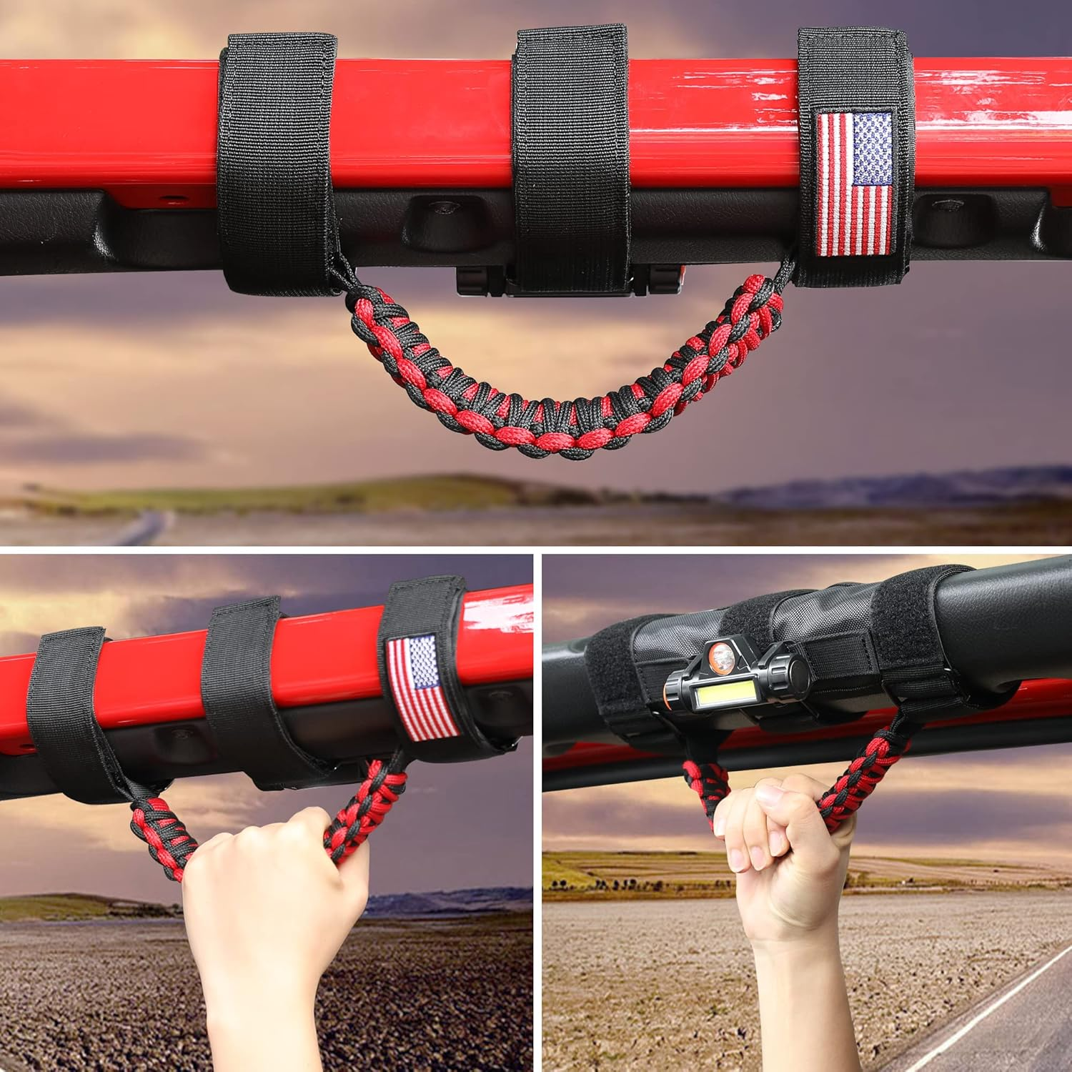 Sukemichi Handles Grab Roll Bar Grab Handles with Light for Jeep Wrangler Accessories TJ JK JL YJ Unlimited Rubicon Sahara 2 Door 4 Door Jeep Gladiator JT, Rechargeable Dome Light, Red, 2 Pack - For Jeep 2Pcs Black image number 6