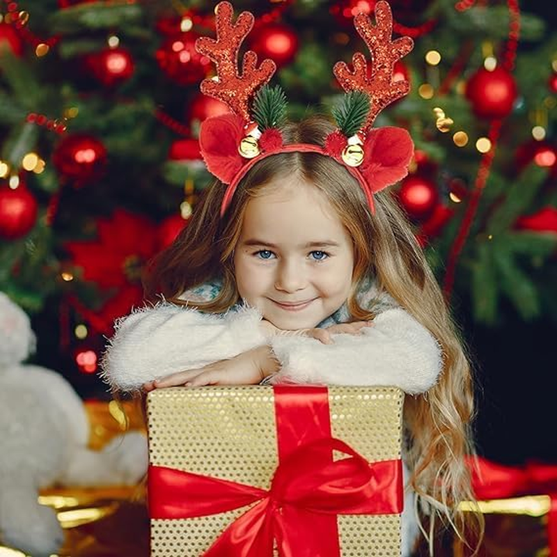 2 PCS Christmas Headbands, Reindeer Antlers, Glitter Elk Antlers, Headband Christmas and Party Headbands Deer Antlers Headband with Bells Cute Reindeer Ears Headban