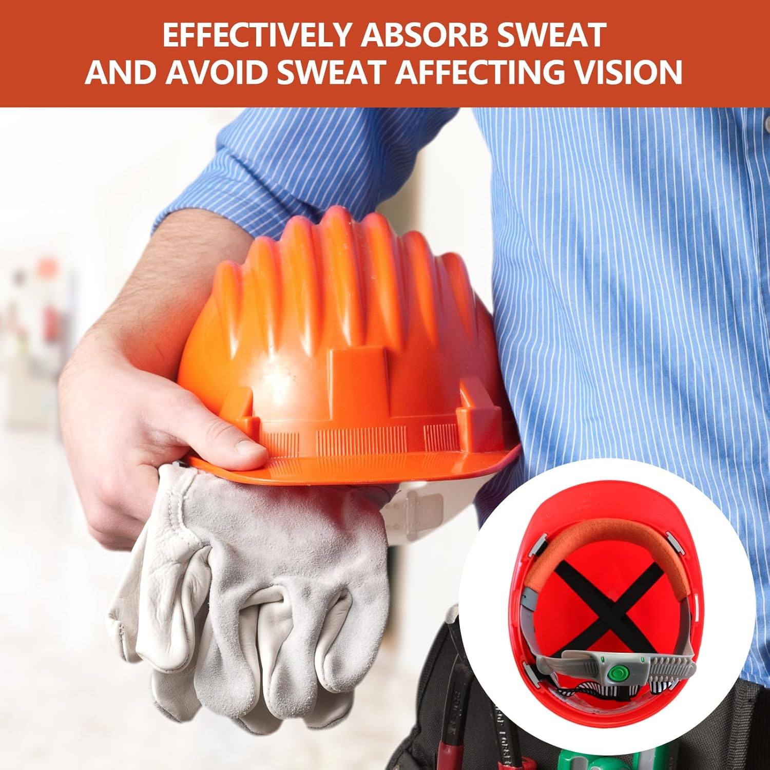 Welding Helmet Orange Sweat Bands, Orange Sweatband, 4 Pack Self-Adhesive Hardhat Sweatbands, Washable Pads, Welding Helmet Liner for Construction Chainsaw Hard Hat Keep Dry image number 2