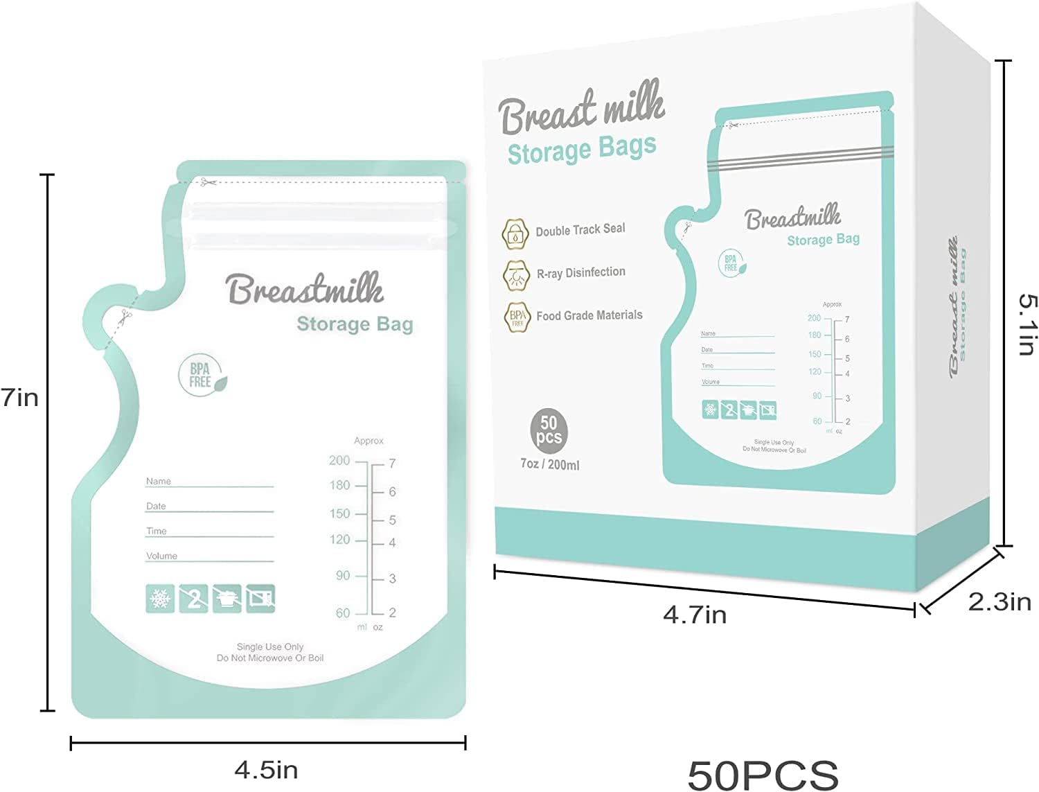 QIUXQIU Breastmilk Storing Bags for Breastfeeding Disposable Milk Storage Bag with 6 Ounce No-Leak Milk Freezer Storage Pouches 50 Count (Green) - Green 50 Pcs image number 4