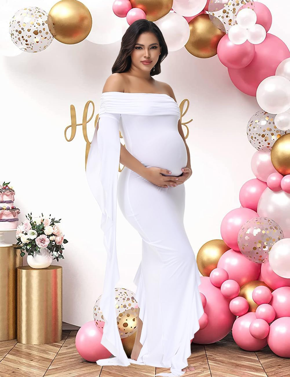 Justvh Maternity off Shoulder Ruffle Sleeves Irregular Hem Pregnancy Photography Dress for Baby Shower Photoshoot image number 6