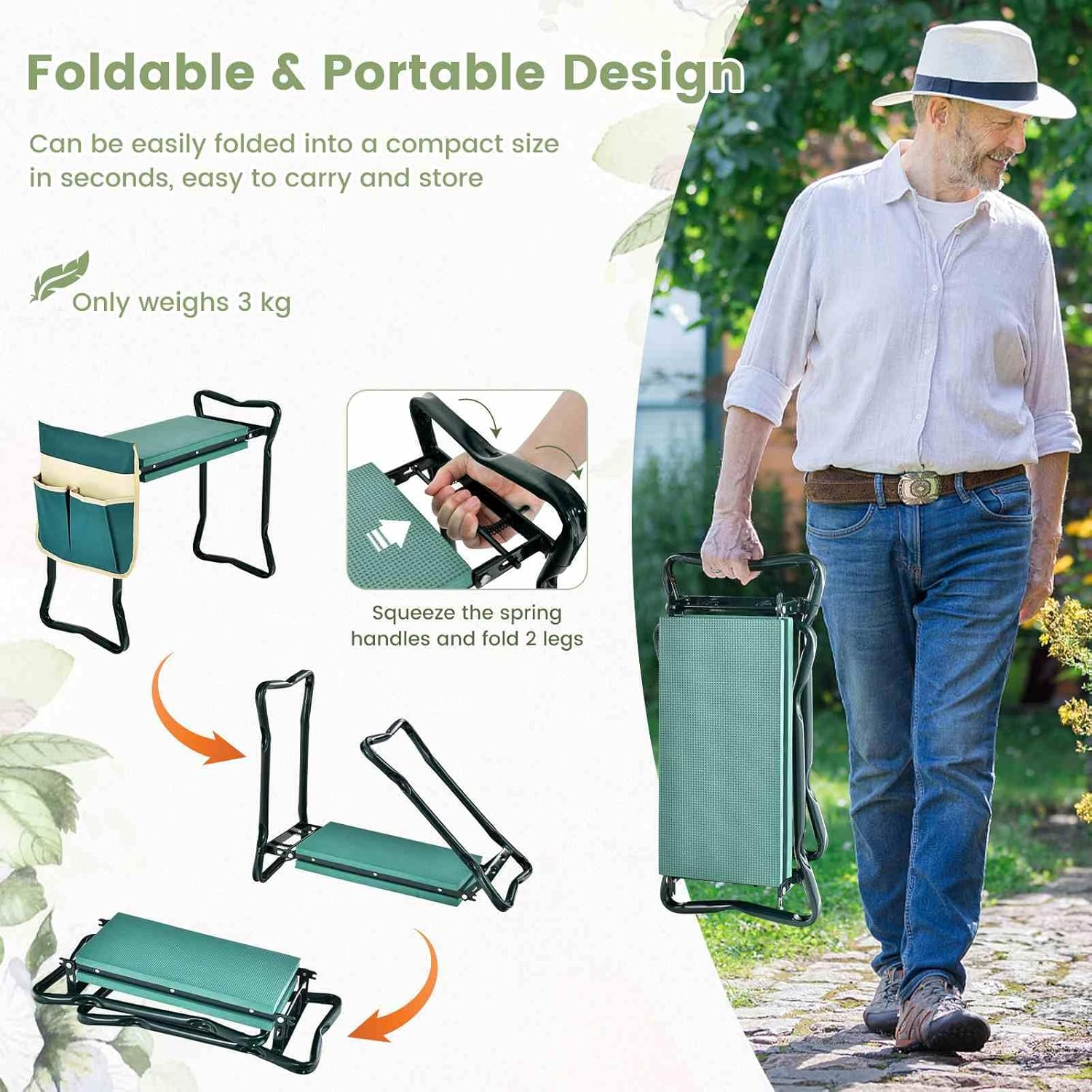Costway 2-In-1 Garden Kneeler & Seat, Portable & Foldable Garden Tool for Kneeling & Sitting, Heavy-Duty Garden Bench W/Large Tool Pouch, Wide Kneeling Pad for Women Men Seniors image number 4