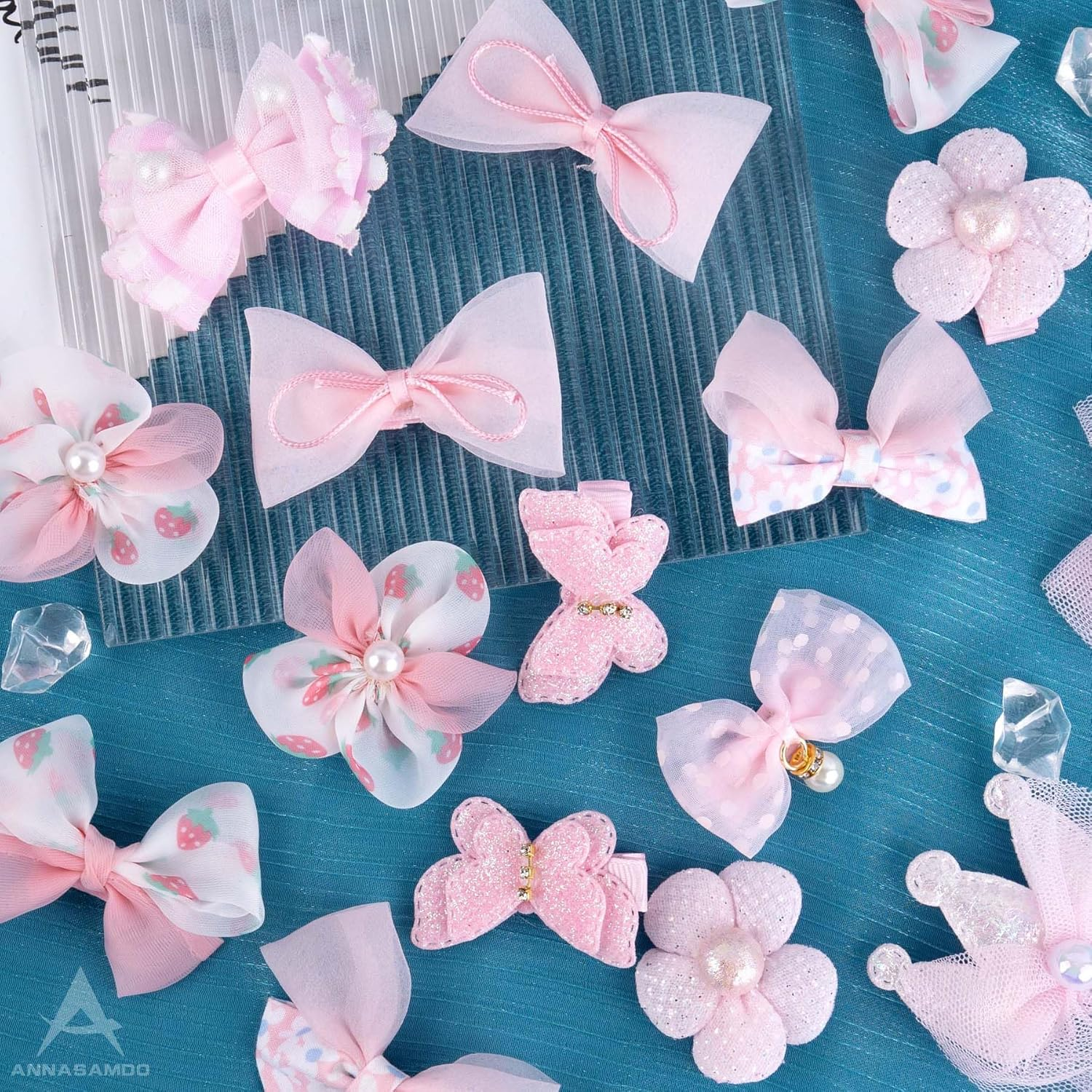 ANNASAMDO Pack of 20 Cute Bow Hair Clips for Girls - Economy Pack with Pink Flowers, Beads & Colourful Hair Accessories