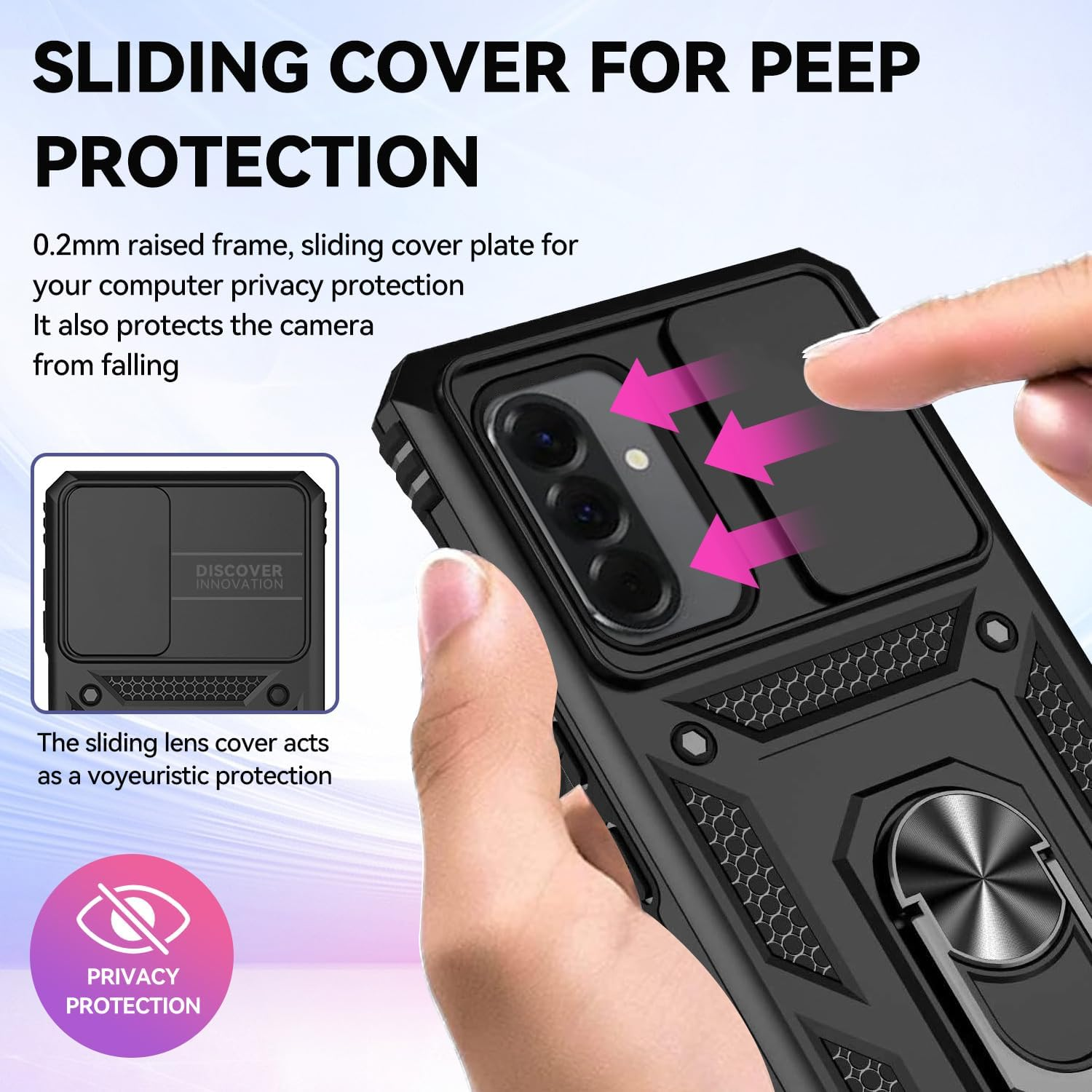 T Tersely Shockproof Case Cover for Samsung Galaxy A36/A56 5G (2025), Anti-Fall Drop Protection, Built-In Slide Anti-Scratch Camera Lens Cover, Integrated 360 Degree Rotating Ring Kickstand, Black