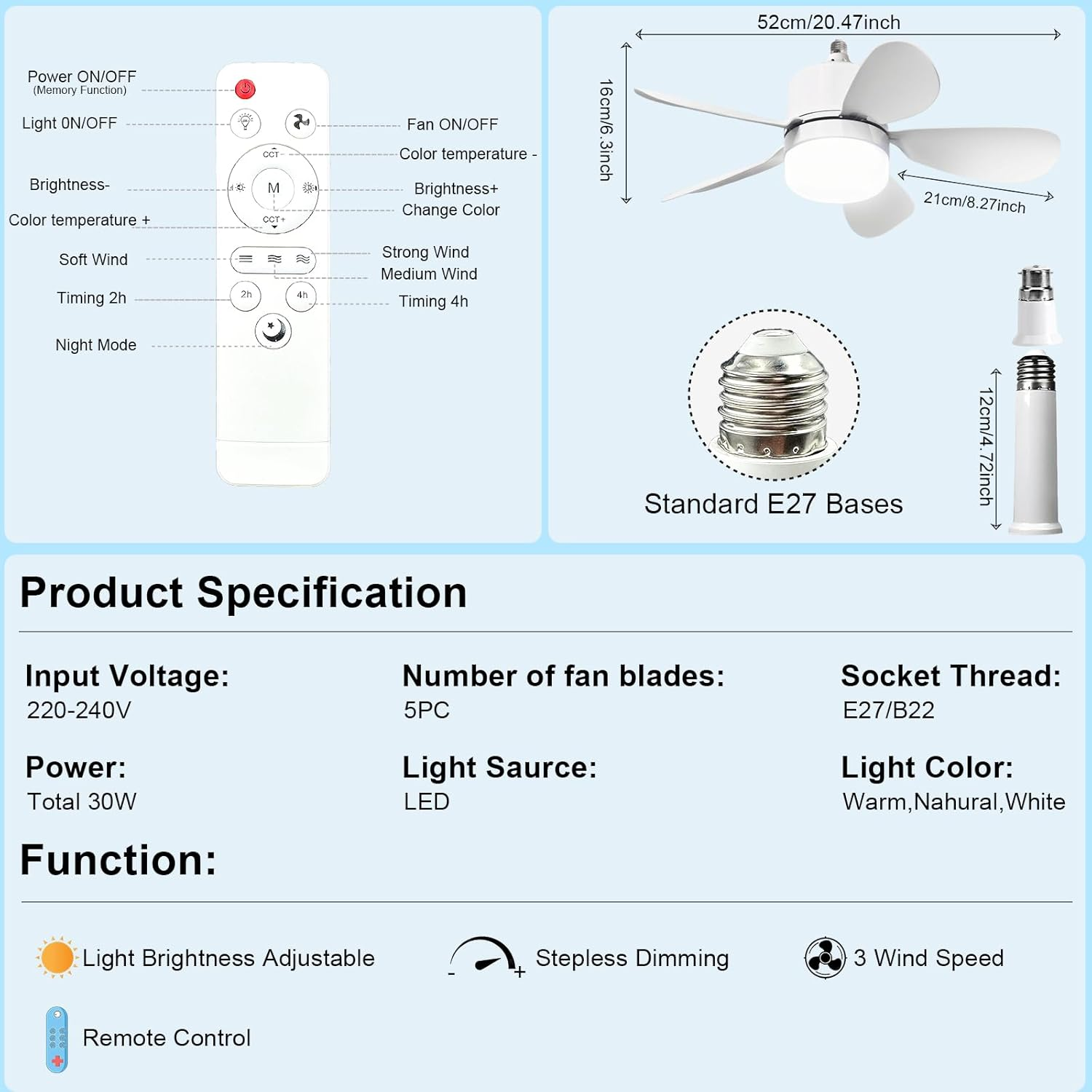 Ceiling Fans with Light and Remote, CREATESTAR 20" Socket Fan Light, E27/B22 Plug in Fan Light Bulb for Bedroom, Kitchen, Living Room -3 Color Temperatures, 3 Fan Speeds, 2000 Lumens, Dimmable image number 6