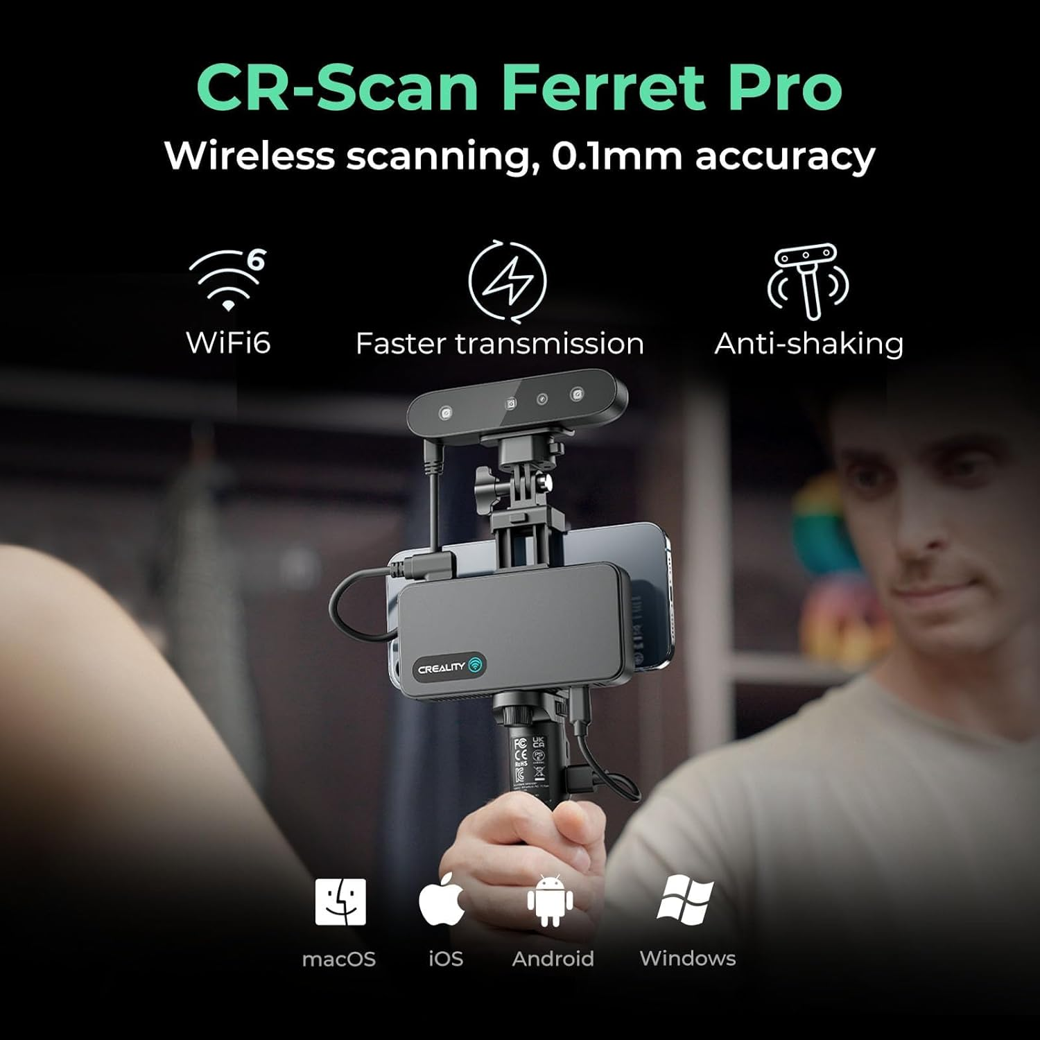 Creality 3D Scanner Cr-Scan Ferret Pro for 3D Printing, Upgrade Handheld Scanner with Wireless Scanning Anti-Shake Tracking, Fast Full-Color Scan, 0.1Mm Accuracy for Ios/Android Phone PC Win 10/11 image number 3