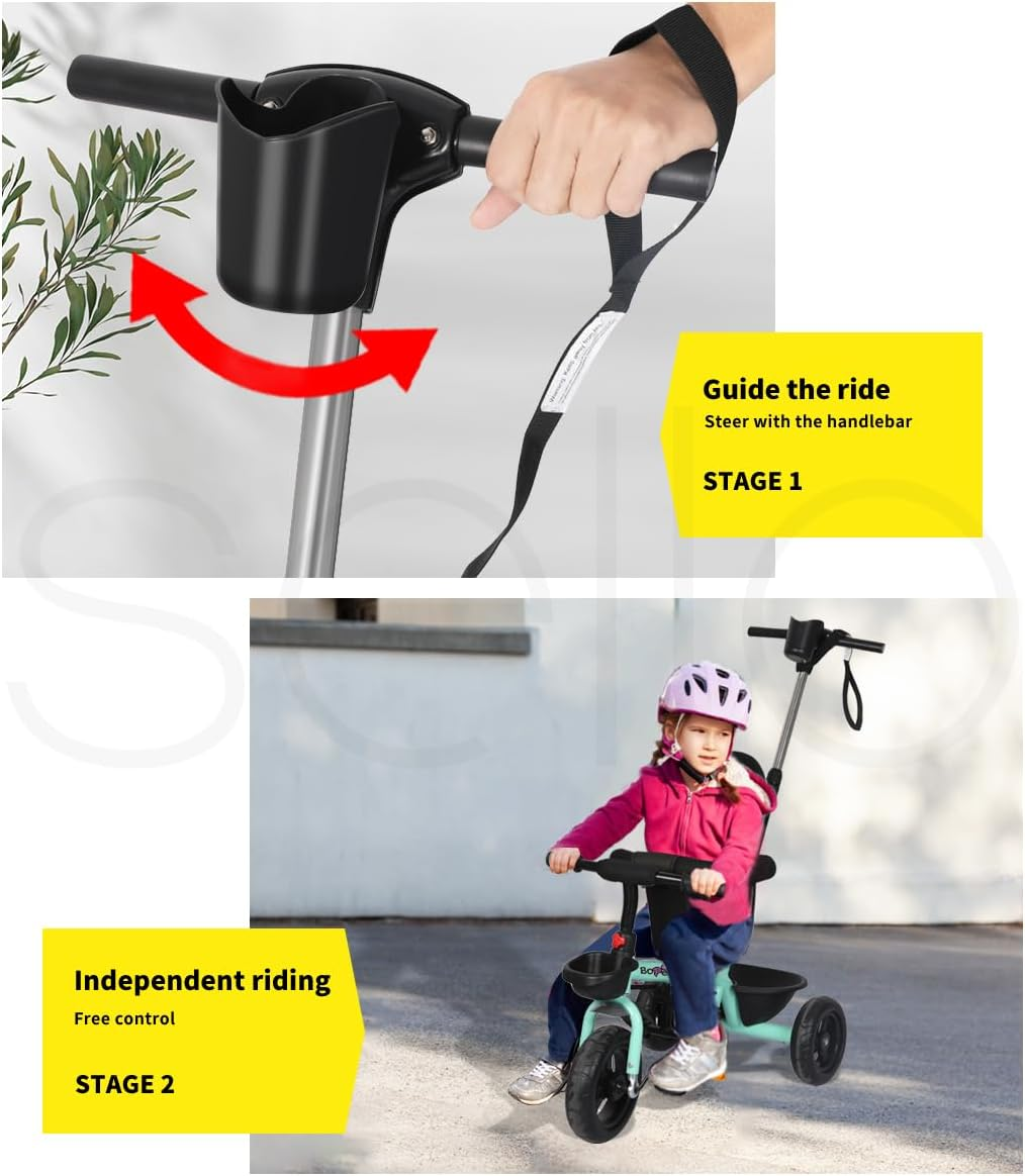 Bopeep Kids Tricycle Ride on Toy Trike Toddler Balance Bike Car Prams Stroller Walker Children Gift Adjustable Handlebar (Green) image number 6