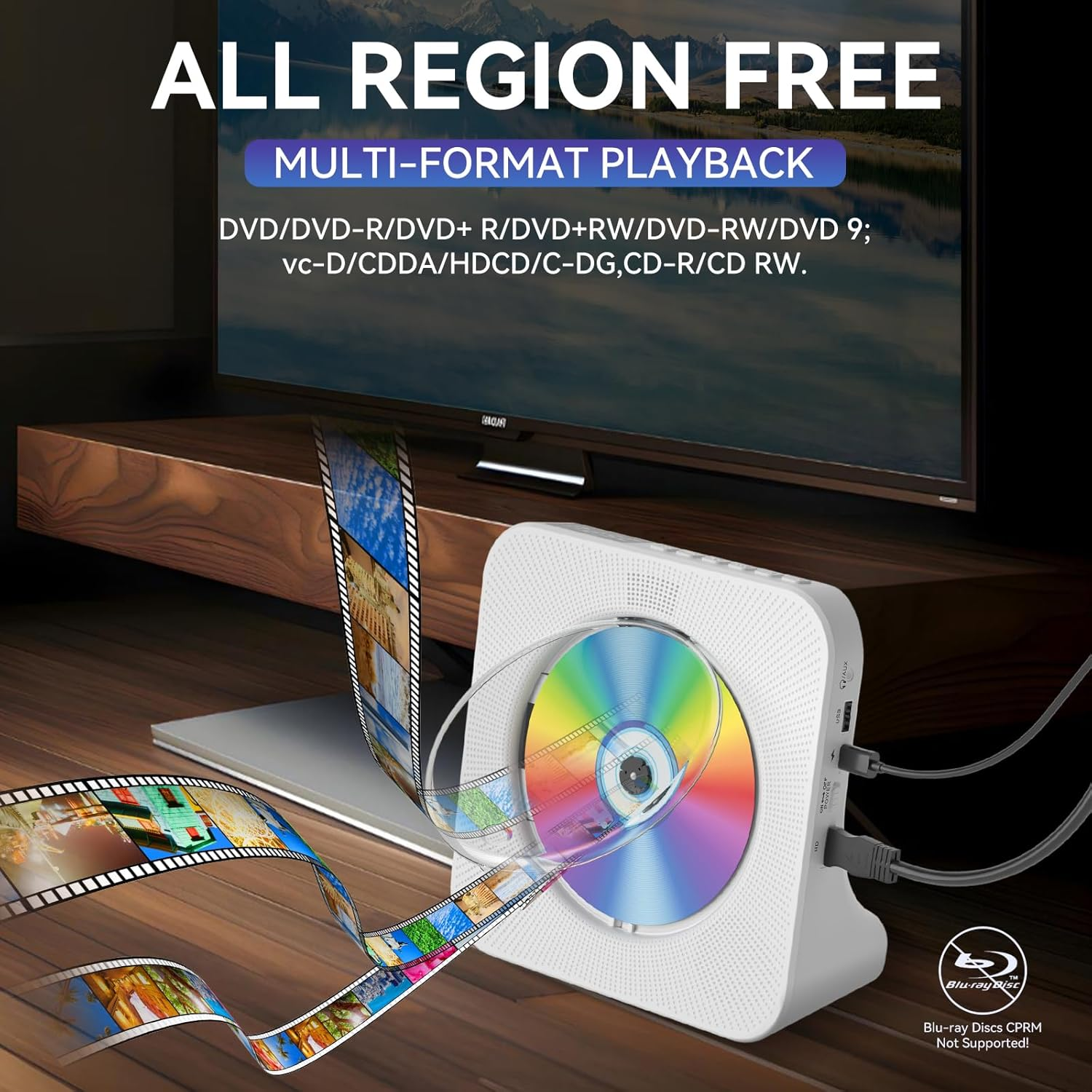 Qoosea DVD Player for TV with Bluetooth, HDMI and All Region Free Desktop DVD CD Player with Speakers Display Alarm Clock FM Radio USB Card Playback Include Remote Control, HDMI Cable(White) image number 1