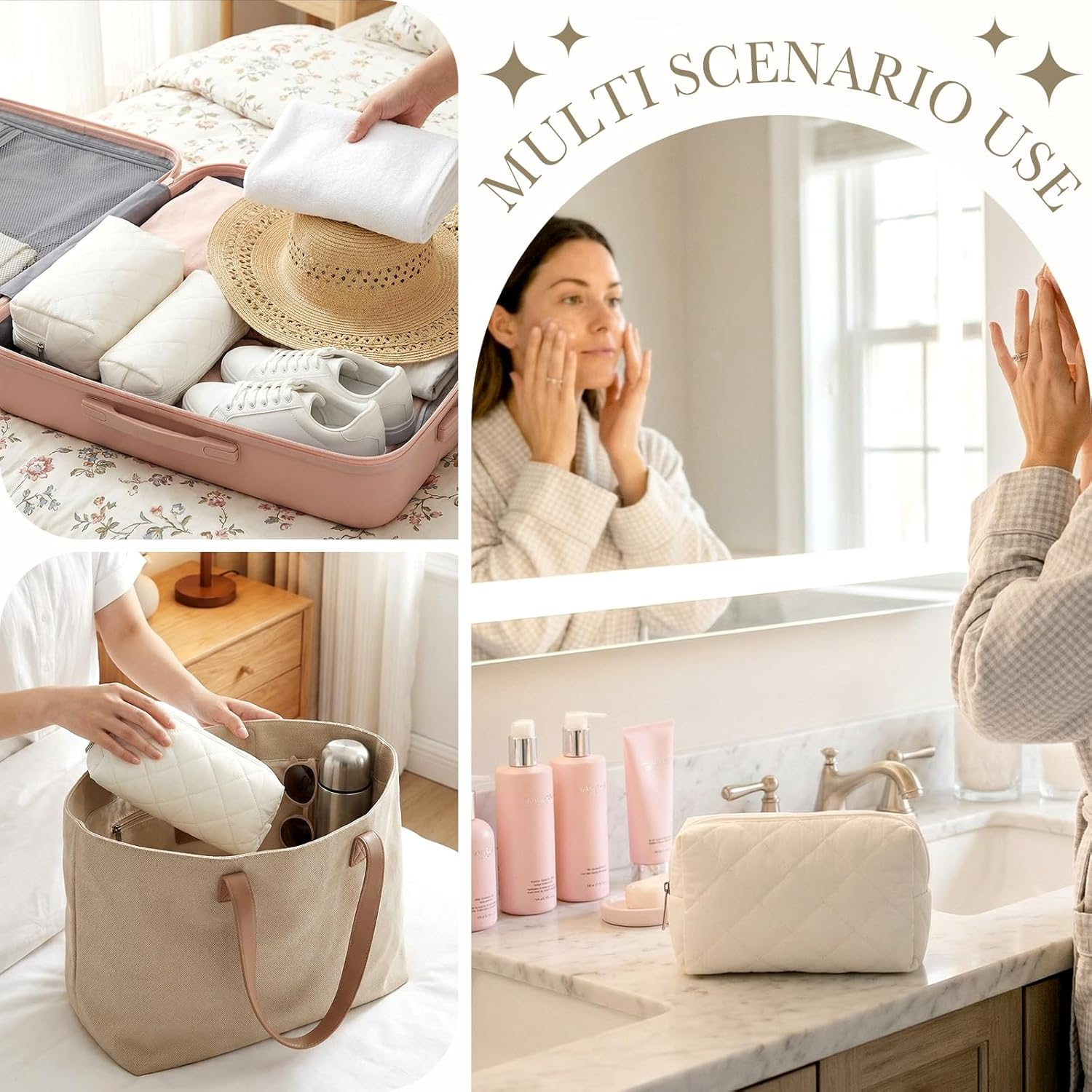 Siltriangle 2 Pcs Valentines Puffy Makeup Bag Quilted Cosmetic Pouch for Women Cute Puffer Makeup Organizer Compact Toiletry Bags Preppy Pencil Case with Zipper Winter Gift for Women Girlfriend, Beige - Black image number 5