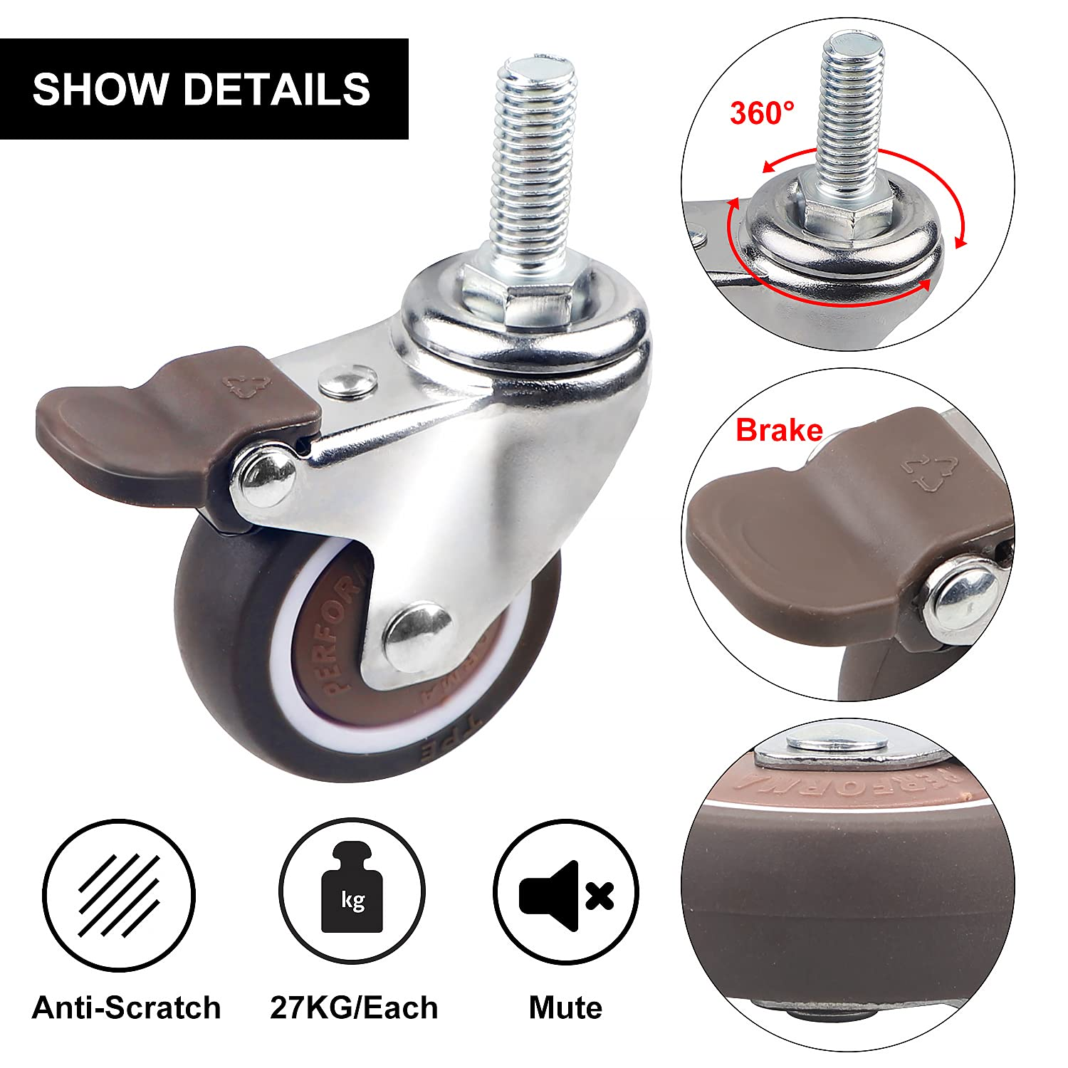 DBREAKS 4 X Transport Castors 50 Mm, Swivel Castors with Brakes Made of TPE M10 X 25 Mm with Thread, Swivel Castor with Threaded Pins, Furniture Castor, Brake Roller, Capacity 108 Kg Total, Rubber image number 4