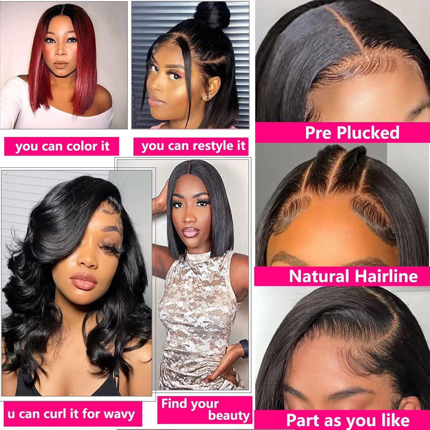 Huarisi 12 Inch Real Hair Wigs, Bob Front Lace without Gluing, Straight Human Hair, Short Straight Bob Wig for Black Women, 13 X 4 Lace Frontal Wigs, Natural Hairline, Pre Plucked image number 4