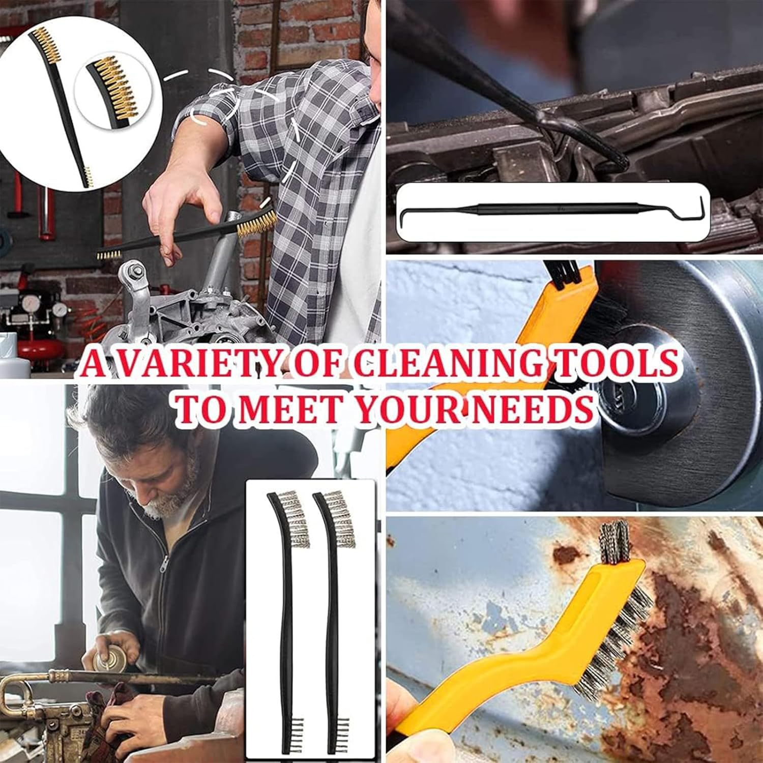 10Pcs Wire Brush Set, Stainless Steel/Brass/Nylon Bristles Brushes for Narrow Areas Deep Cleaning Dirt, Rust Removal, Grill Cleaner, Paint Scrubbing Double-Ended Cleaning Brush and Picks Set image number 2