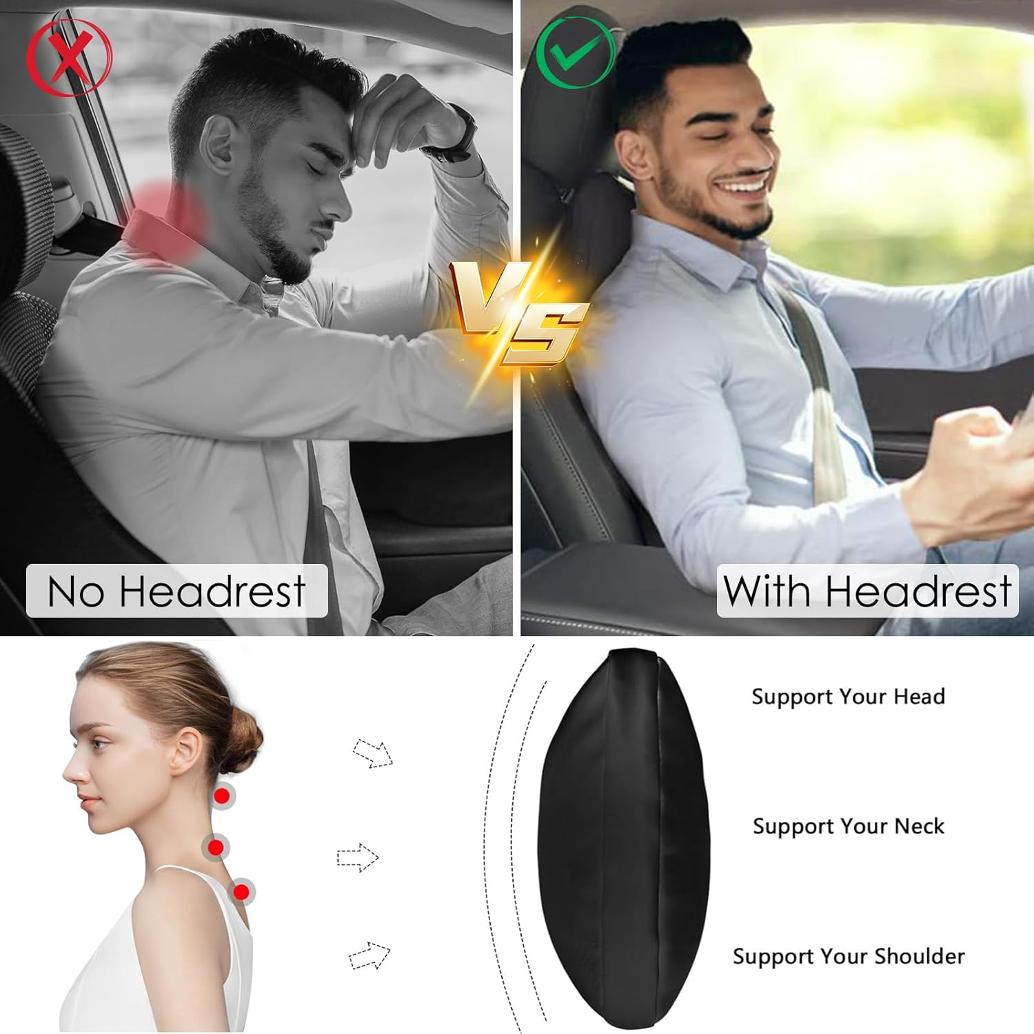 Car Neck Pillow for Tesla Model 3 Model Y Model S Model X Cybertruck and Most Cars, 2 Packs Memory Foam Neck Support Headrest for Tesla, Adjustable Car Seat Head Rest Pillow (Black)