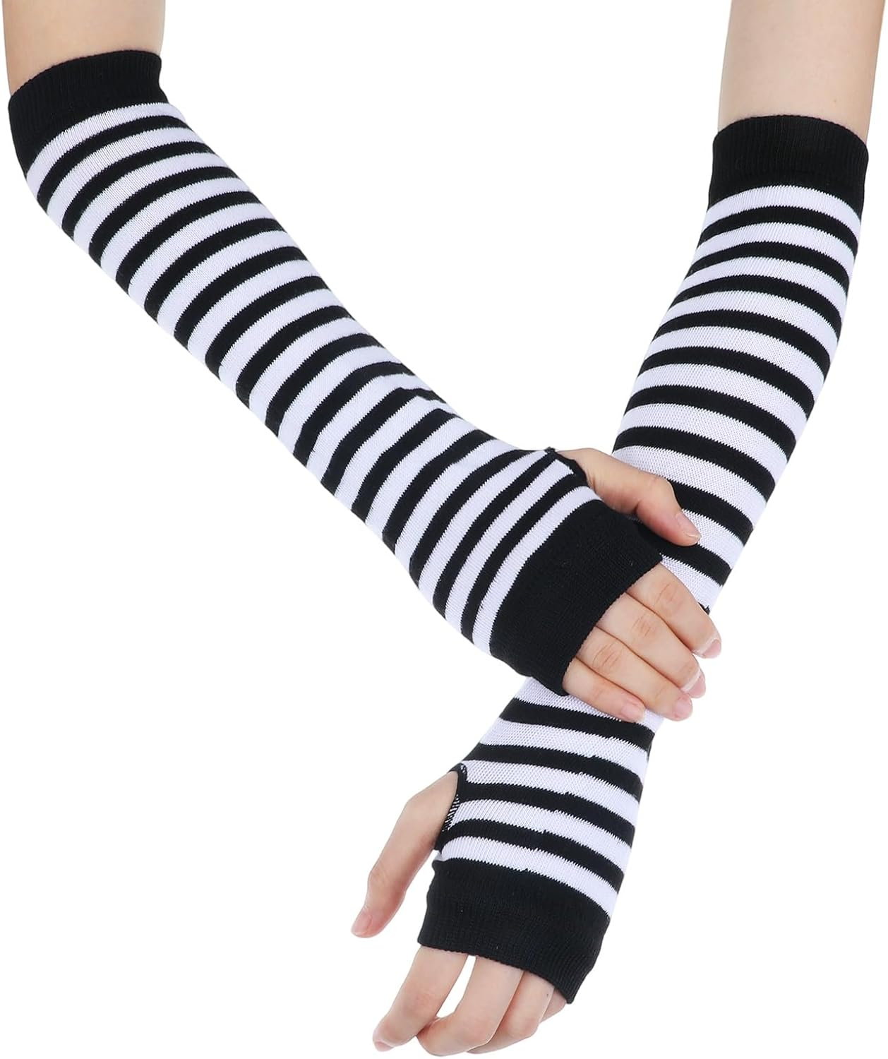APLZGMG Y2K Striped Arm Warmers, Black & White Long Fingerless Knitted Gloves with Thumb Hole, Harajuku Kawaii Punk Gothic Arm Sleeves for Women & Men image number 4