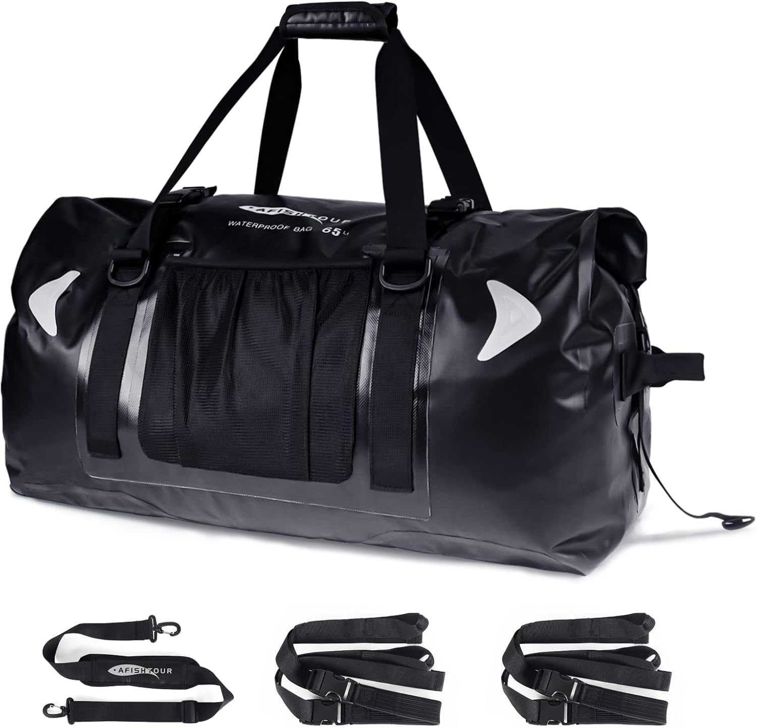 AFISHTOUR 65L Waterproof Duffel Bag for Men and Women - Large Motorcycle Duffle Bag with Straps for Back Seat - Roll Top Dry Bag for Kayaking, Rafting, Boating, Swimming, Beach (Black)