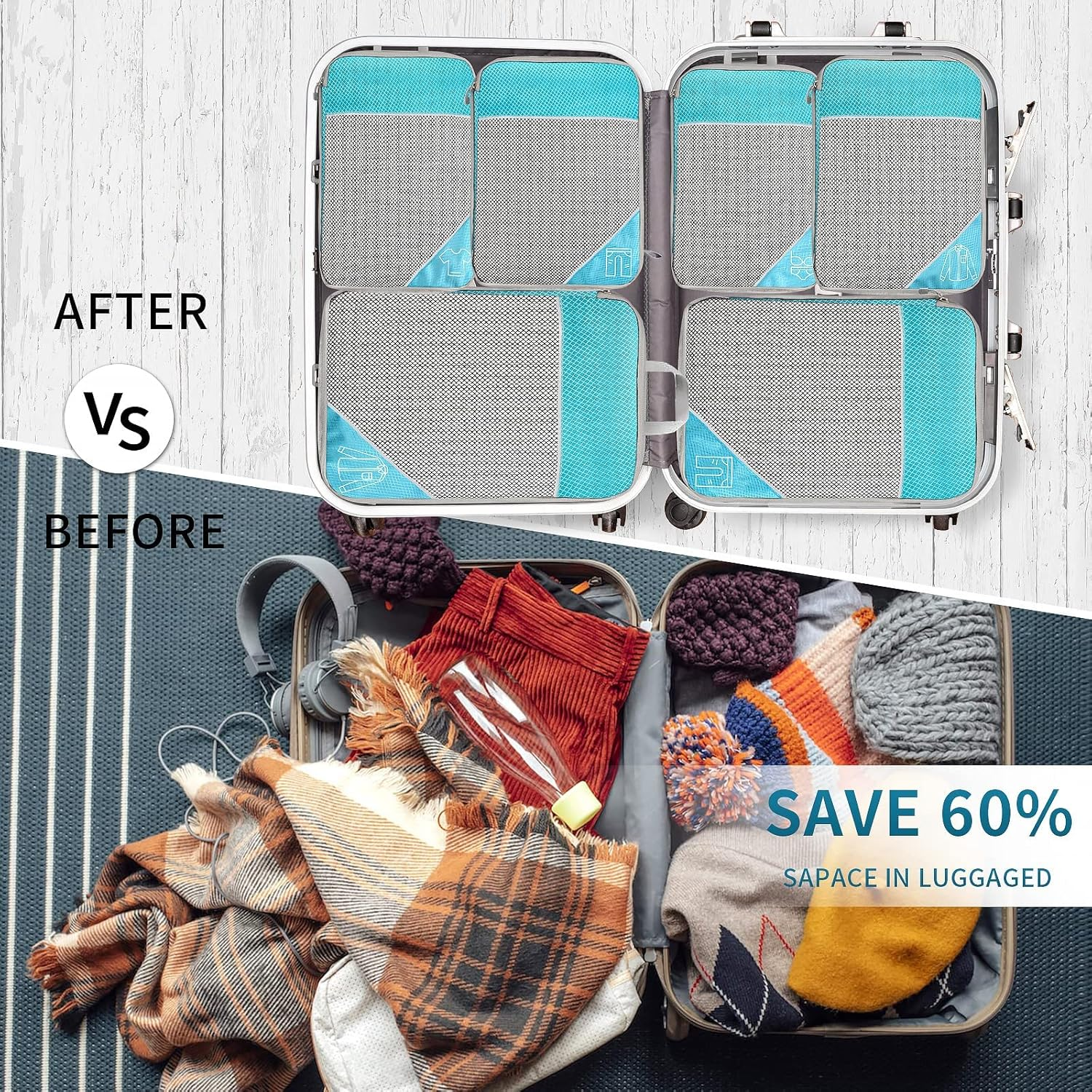 Apexillio Compression Packing Cubes 6 Pcs, Travel Luggage Organizer Accessories Extensible Storage Bags Travel Cubes for Suitcases&hellip; (Set of 6- Blue) - Set Of 6- Blue image number 1