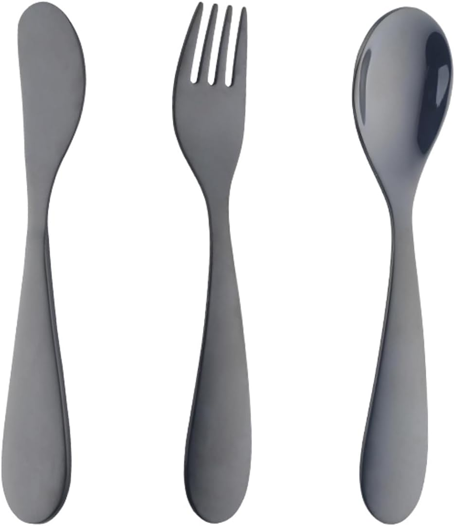 Children Cutlery Set Metal, 3 Pcs Stainless Steel Kids Flatware Set with Knife/Fork/Spoon, Todler Silverware Healthy & Mirror Polished, Dishwasher Safe (Black)