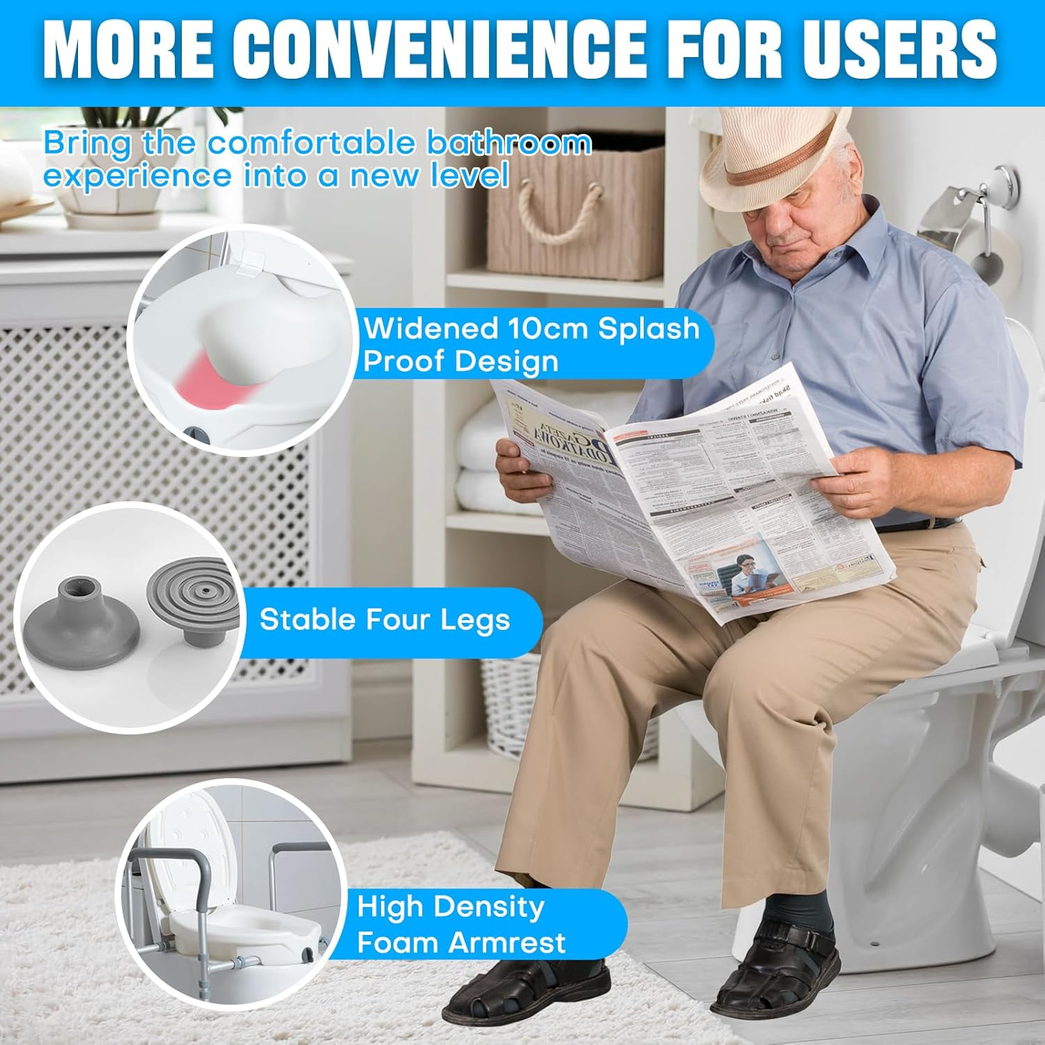 Toilet Seat Risers for Seniors with Handle, 150Kg Elevated Toilet Seat with Storage Bag, Adjustable Height, Bathroom Shower Chair for Elderly, Handicap, Pregnant, Injured (With Lid)