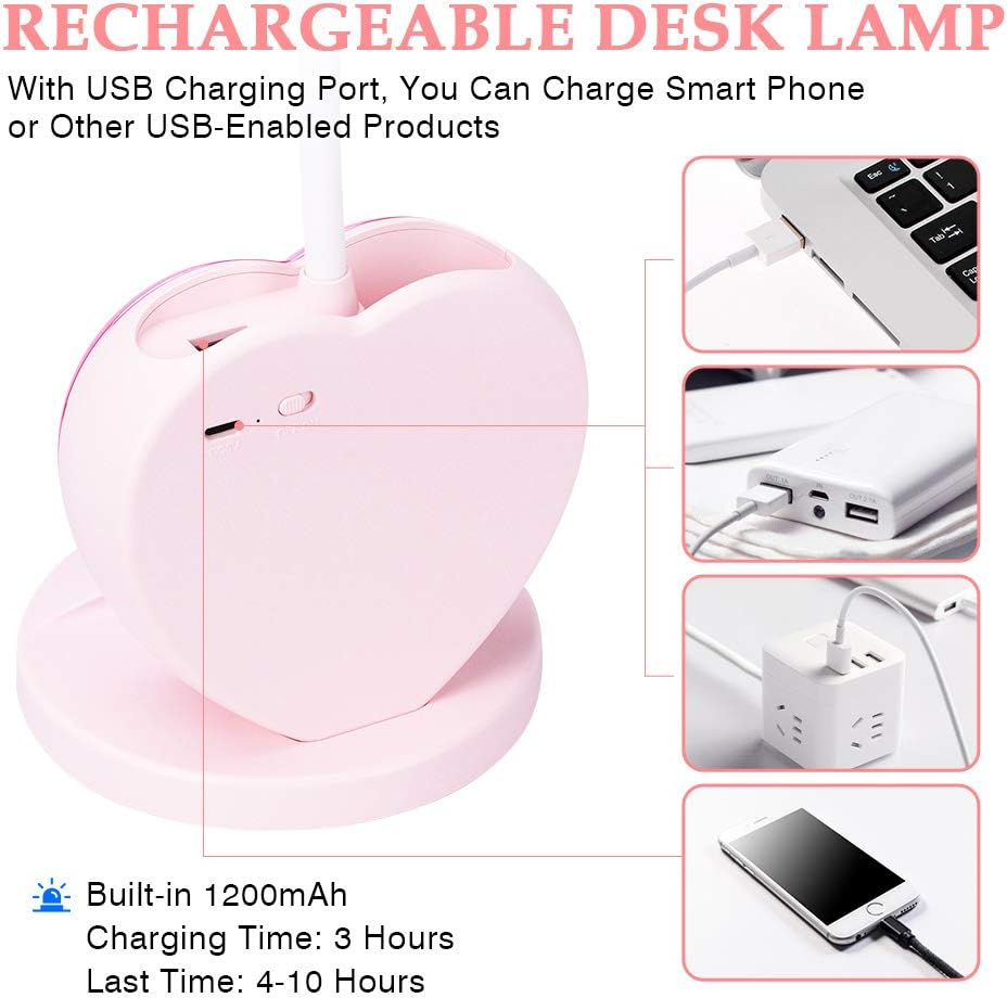 LED Desk Lamp, Cute Pink Desk Lamp with USB Charging Port/Pen Holder and Phone Stand, Touch Control Reading Lamp with 2 Color Modes,Eye-Caring Study Table Lamp for Kids Girls College Dorm Bedroom