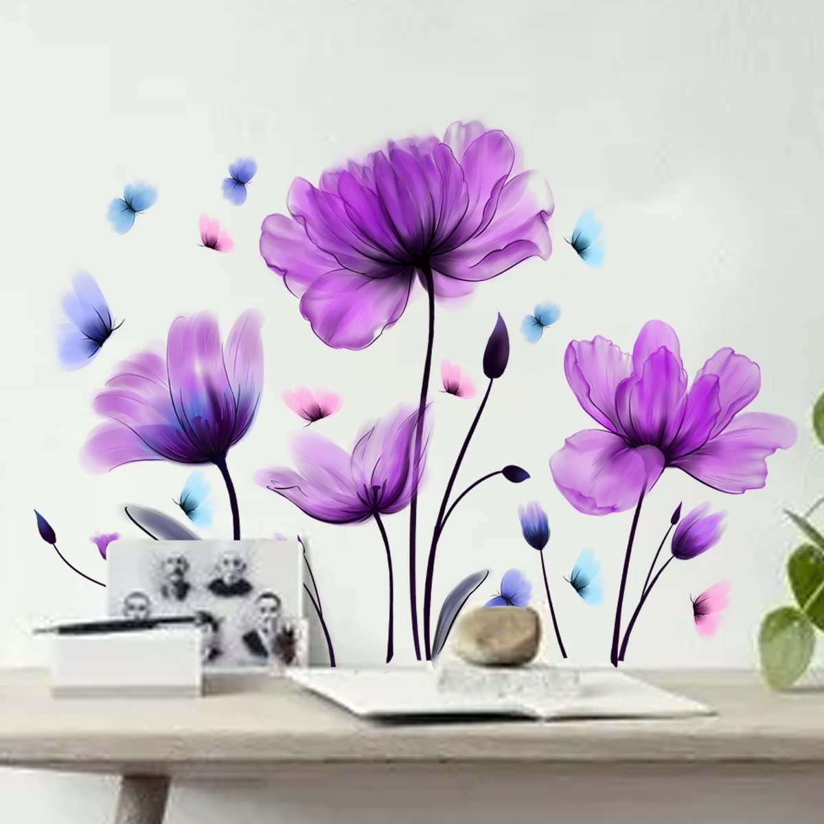 Pinenjoy Purple Tulip Wall Decals Flower and Colorful Butterfly Wall Sticker 25.2X35.43Inch Removable Self-Adhesive Vinyl Art Floral Murals for Living Room Bedroom Nursery TV Sofa Background Decor image number 4
