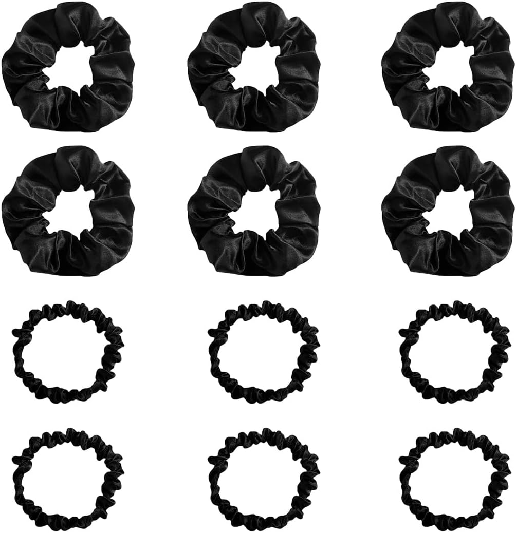 GHPKOTW Pack of 12 Silk Hair Bobbles Black Elastic Hair Scrunchie Small Hair Accessories Hair Bands Women Silk Girls Ponytail Hair Rings (Two Sizes) image number 3