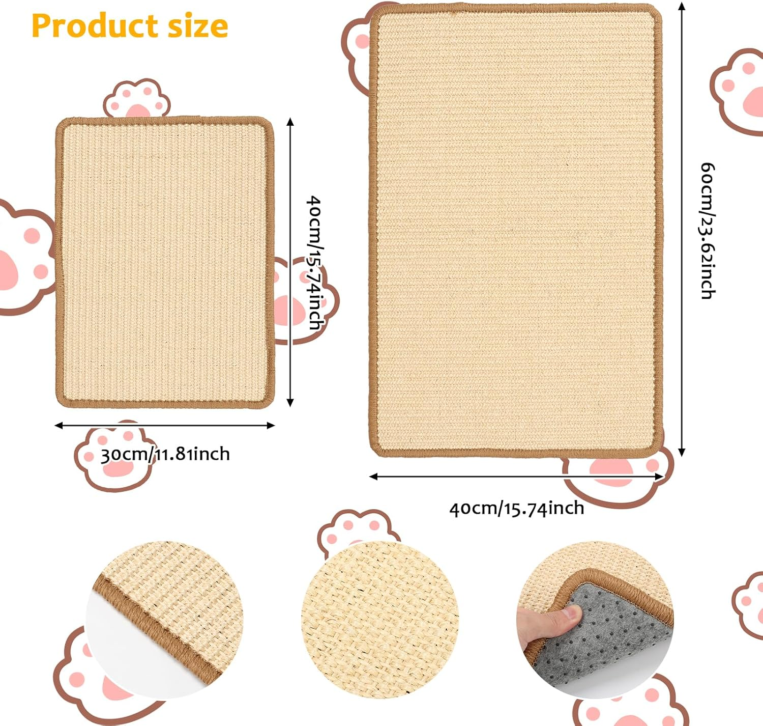 Ruaizel Cat Scratching Mat, 2 Pcs Natural Sisal Cat Scratch Mat, Horizontal Cat Floor Scratching Board, Protect Furniture and Sofas (60 * 40Cm+30 * 40Cm) image number 1